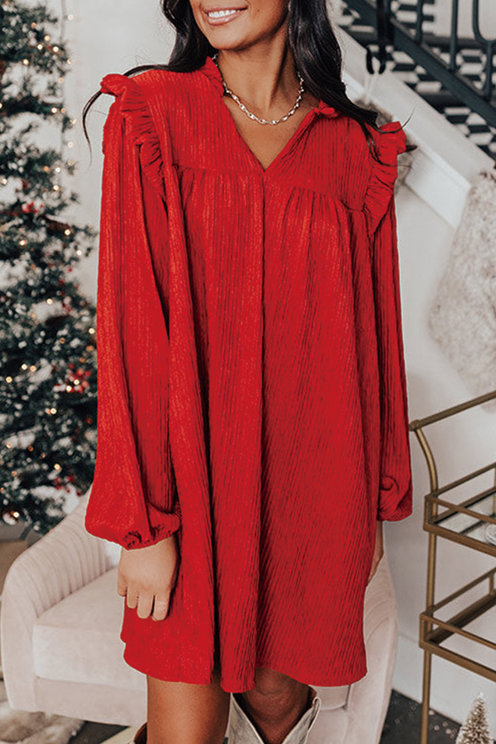 Fiery Red Textured Ruffled Trim V Neck Loose Fit Mini Dress - loveforevers