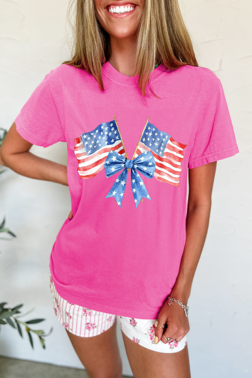 Sachet Pink Dual American Flag Bow Printed Casual T Shirt - loveforevers