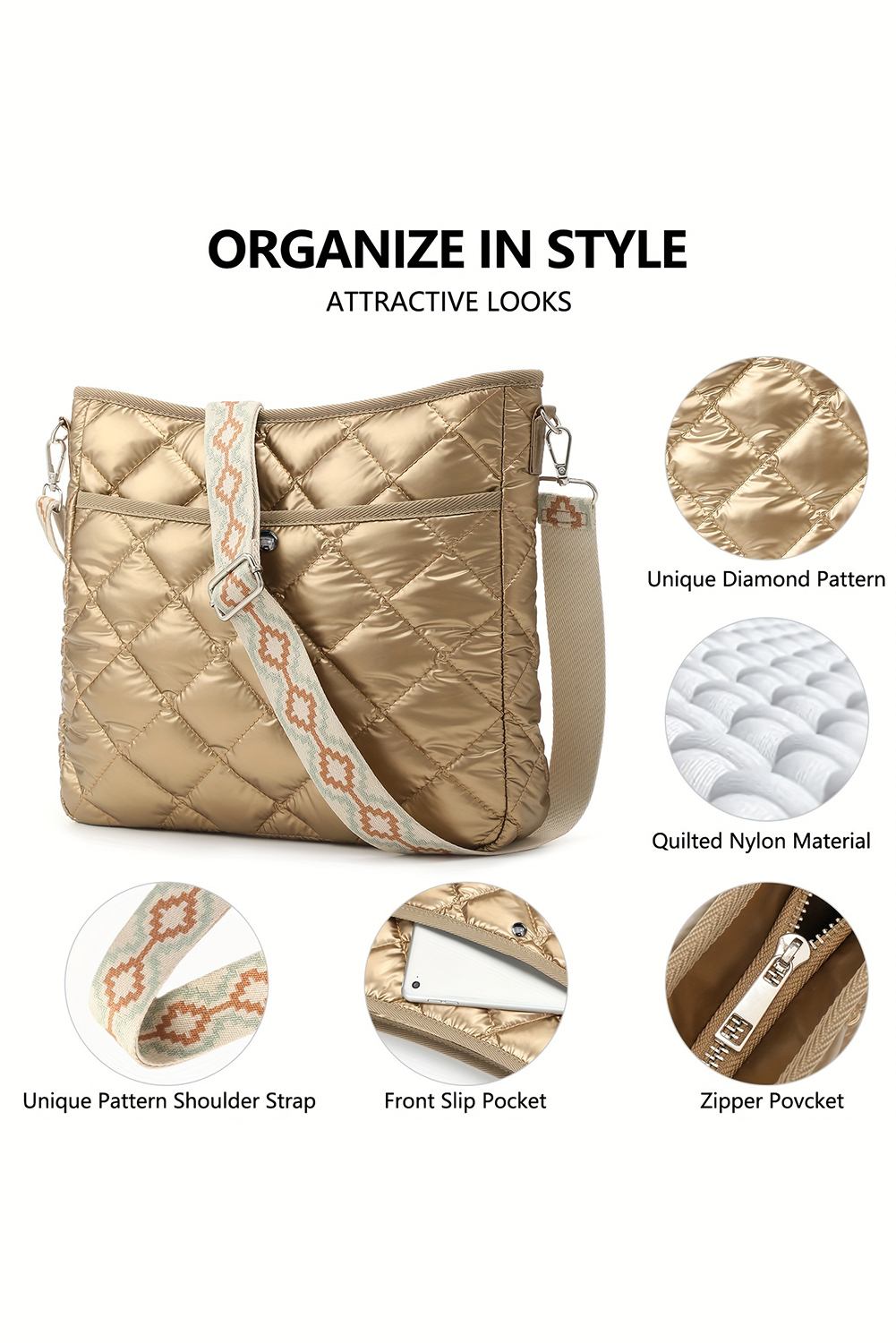 Gold Quilted Large Capacity Shoulder Bag - loveforevers