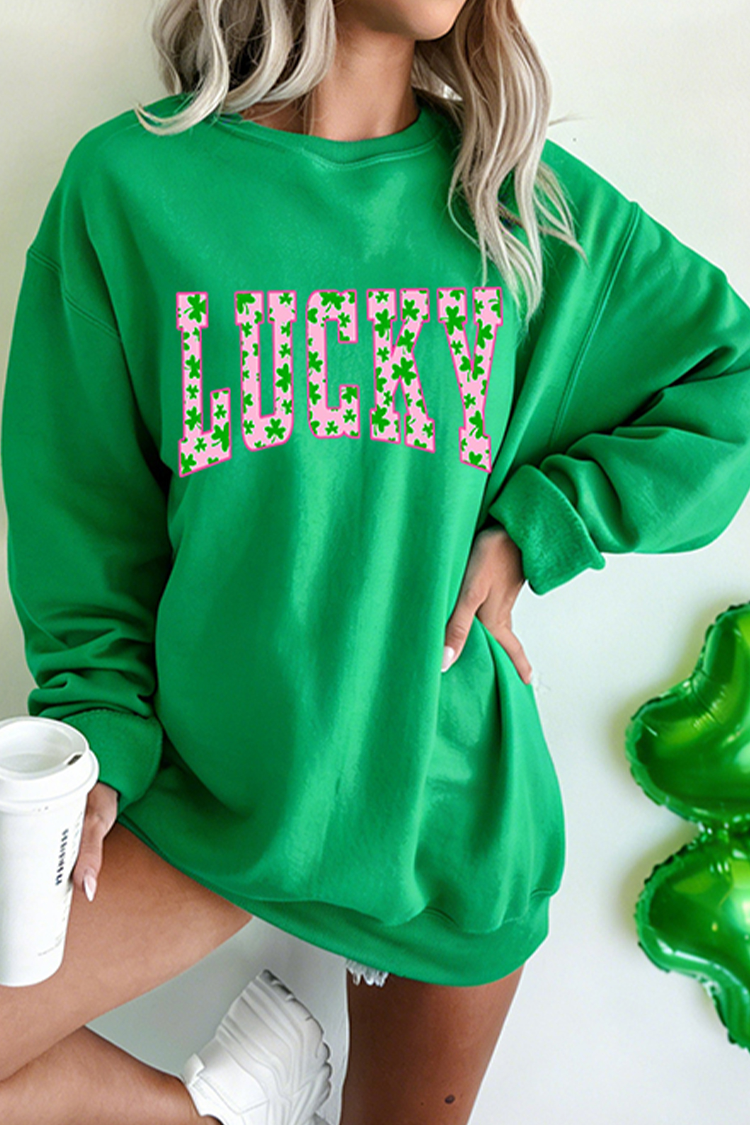 Dark Green LUCKY Clover Letter Printed Loose Pullover Sweatshirt - loveforevers