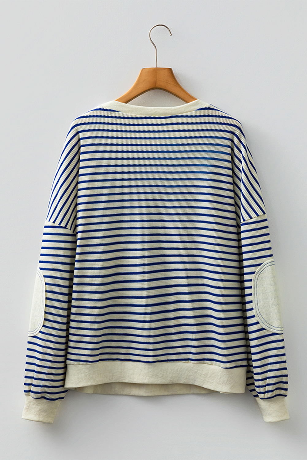 Blue Stripe Textured Elbow Patched Crew Neck Drop Shoulder Sweatshirt - loveforevers