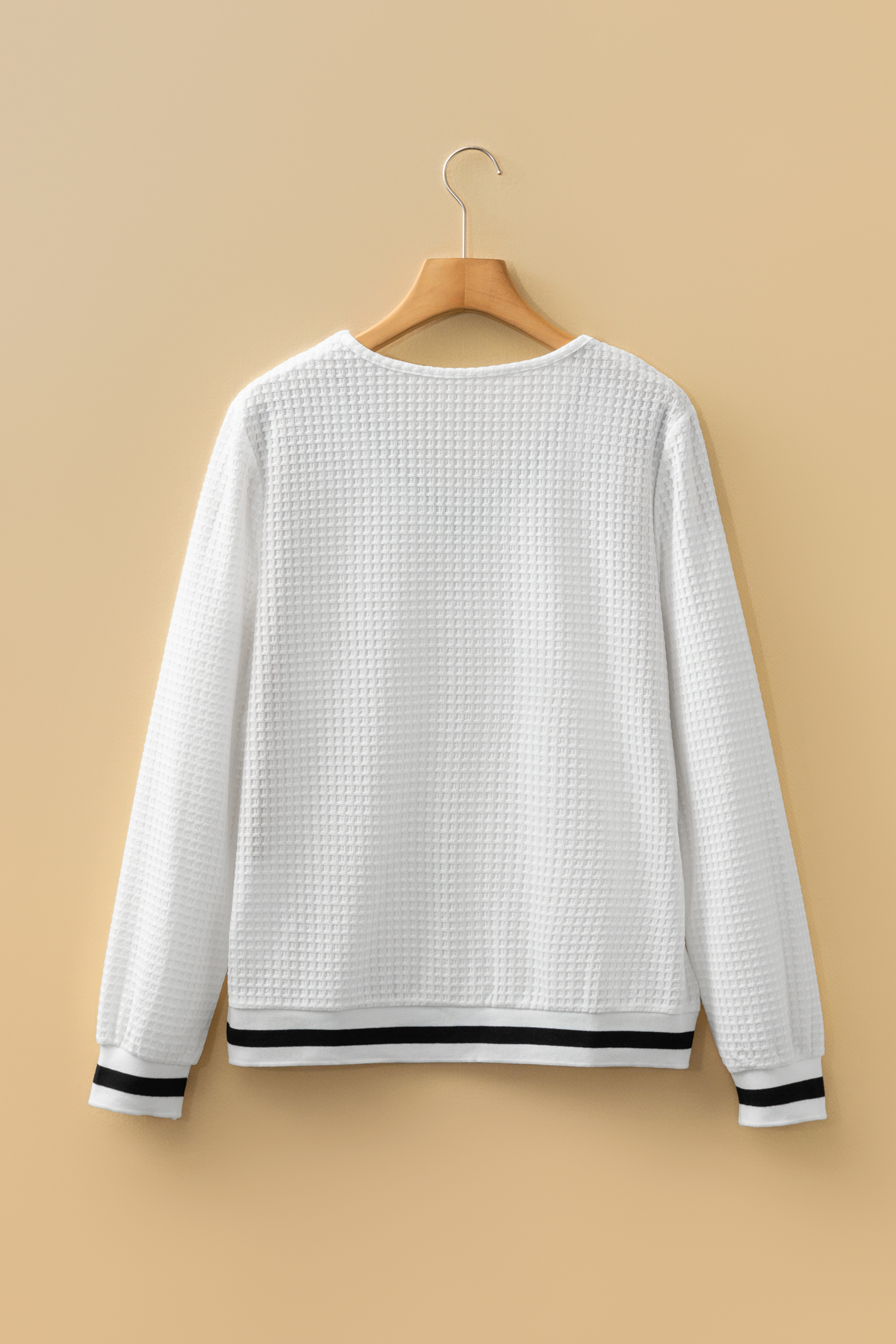White Textured Knit Preppy Striped Trim V Neck Pullover Waffle Top - loveforevers