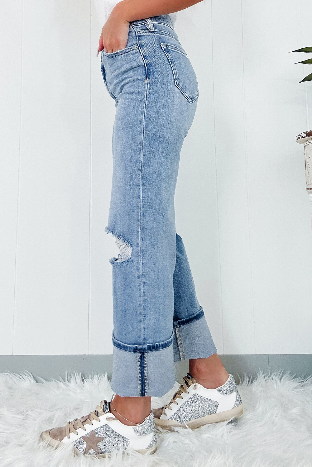 Dusk Blue High Rise Asymmetric Button Zip Fly Ripped Jeans - loveforevers