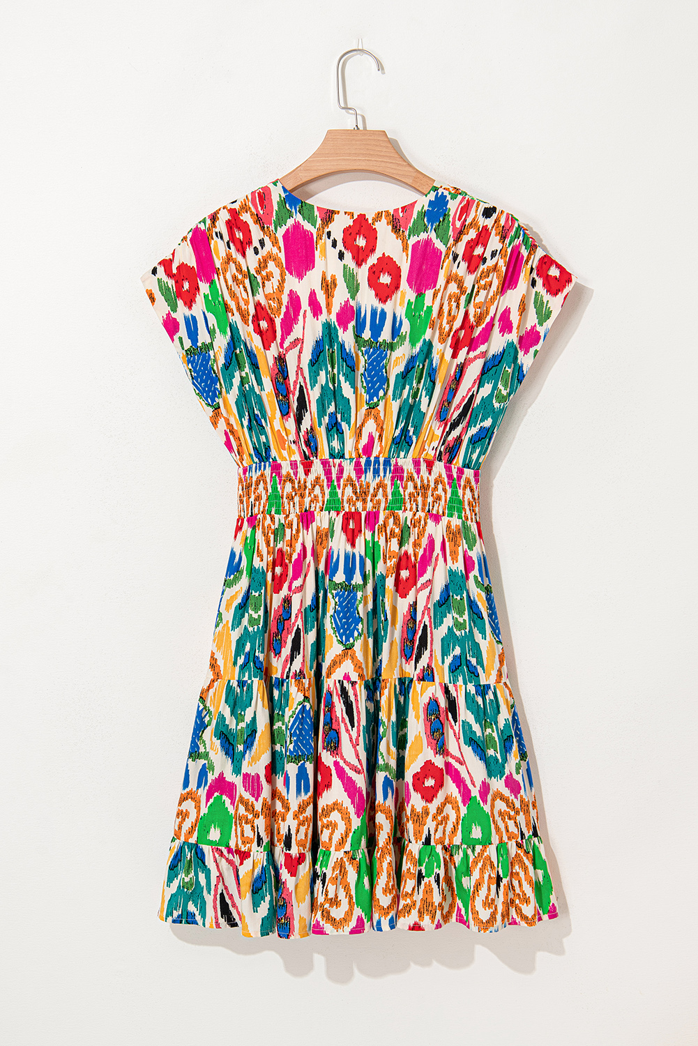 Sky Blue Abstract Print V Neck Dolman Sleeve Ruffle Tiered Mini Dress - loveforevers
