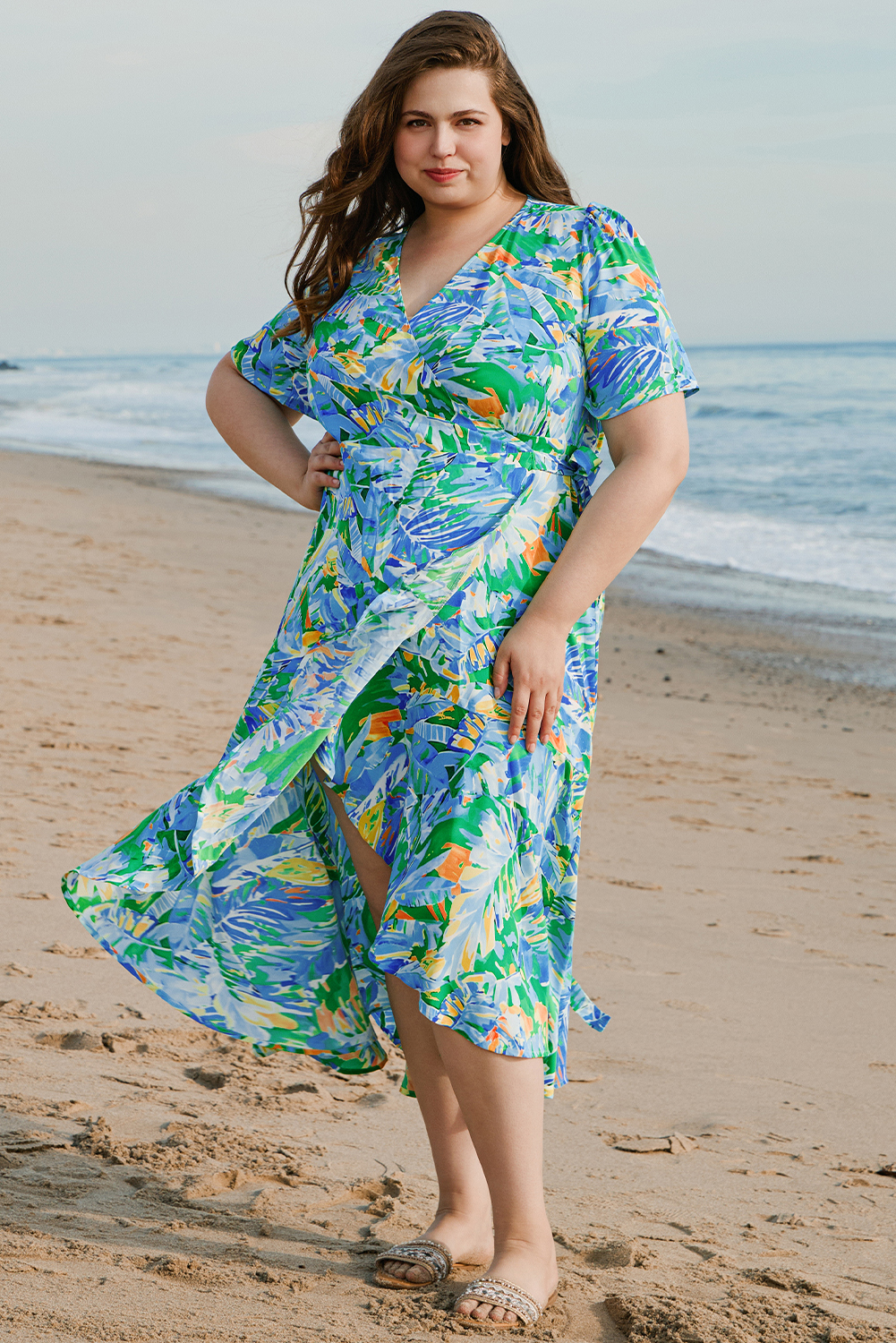 Green Leaves Print Short Sleeve Surplice Neck Ruffled Trim Plus Size Maxi Dress - loveforevers