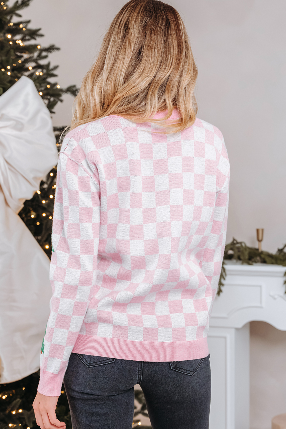 Pink Checkered Christmas Tree Pattern Button V Neck Cardigan Sweater - loveforevers