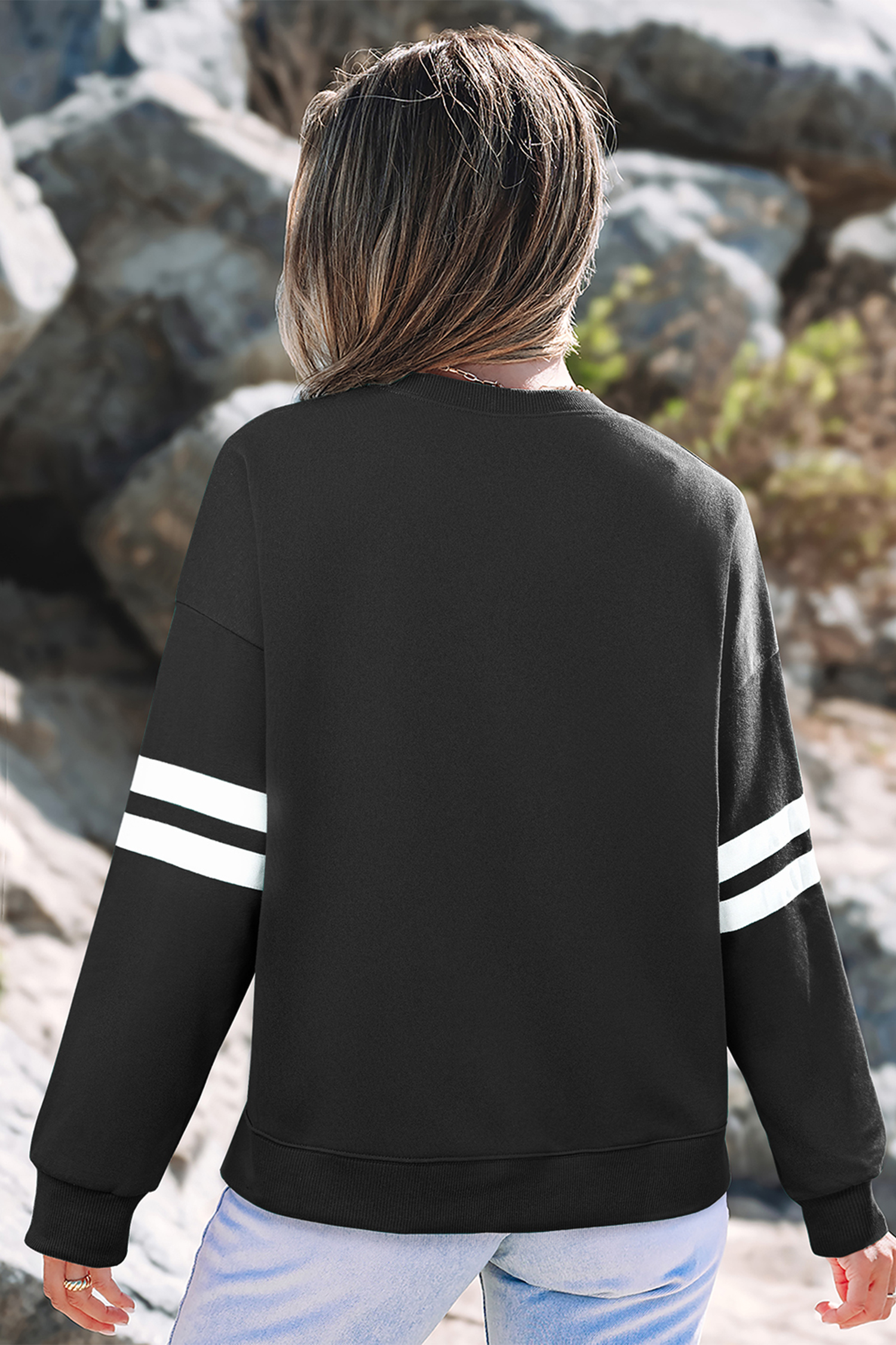 Black Sequin Mardi Crown Dropped Shoulder Varsity Sweatshirt - loveforevers
