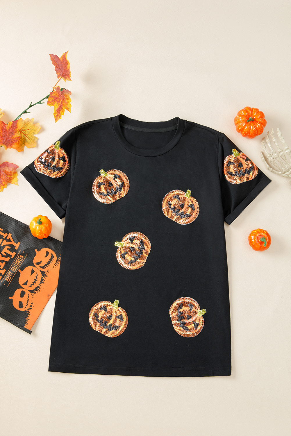 Black Sequin Pumpkin Face Halloween T Shirt - loveforevers