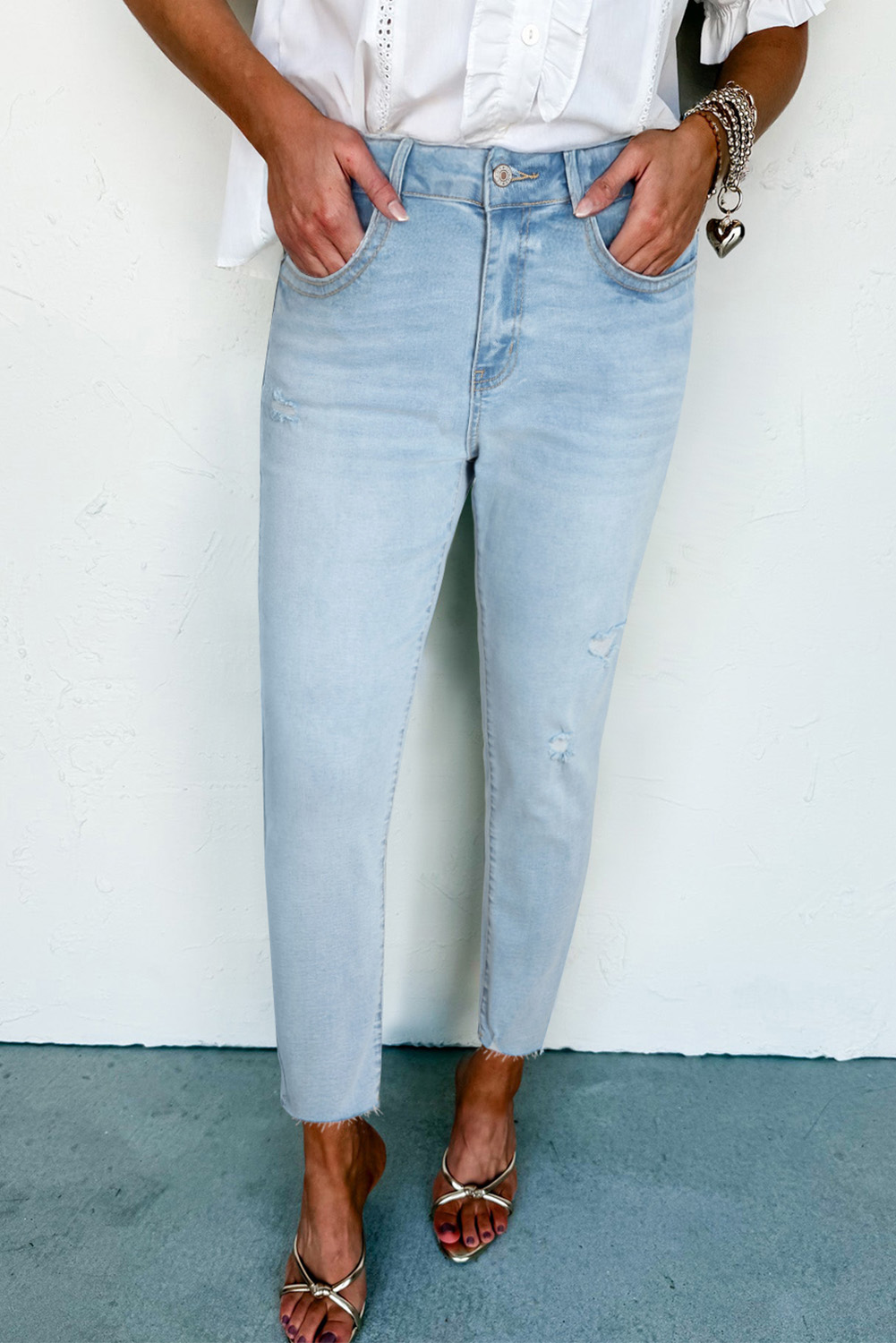 Beau Blue Mid Rise Ankle-Length Distressed Skinny Jeans - loveforevers