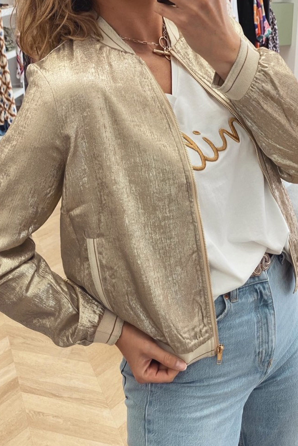 Pale Khaki Metallic Zip up Baseball Jacket - loveforevers