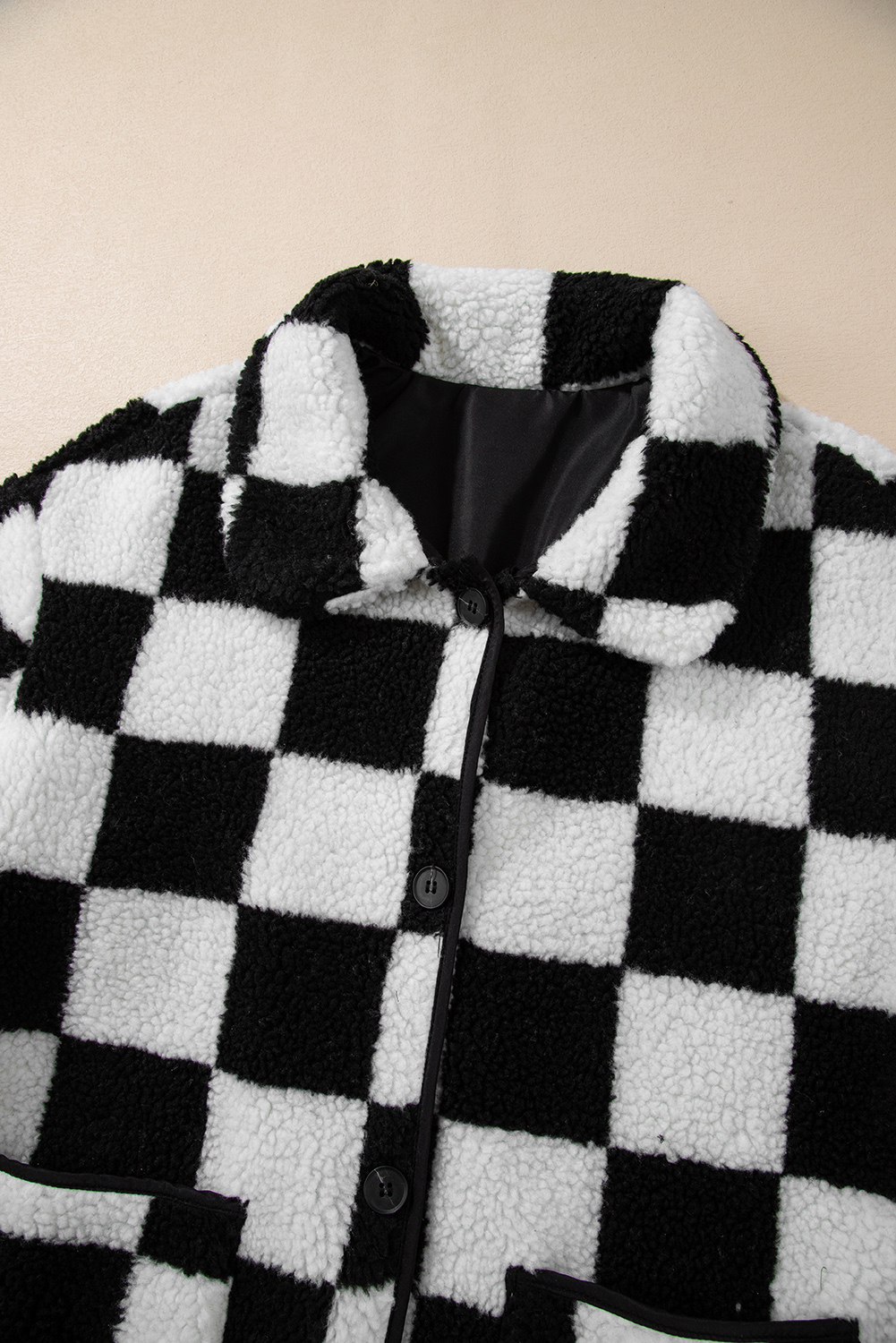 Black Checkered Side Pockets Collared Buttoned Fleece Jacket - loveforevers