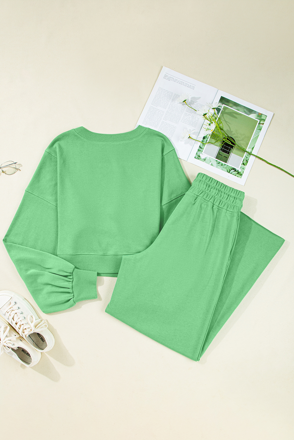 Bright Green Drop Shoulder Puff Sleeve Crop Pullover Drawstring Wide Leg Pants Set - loveforevers