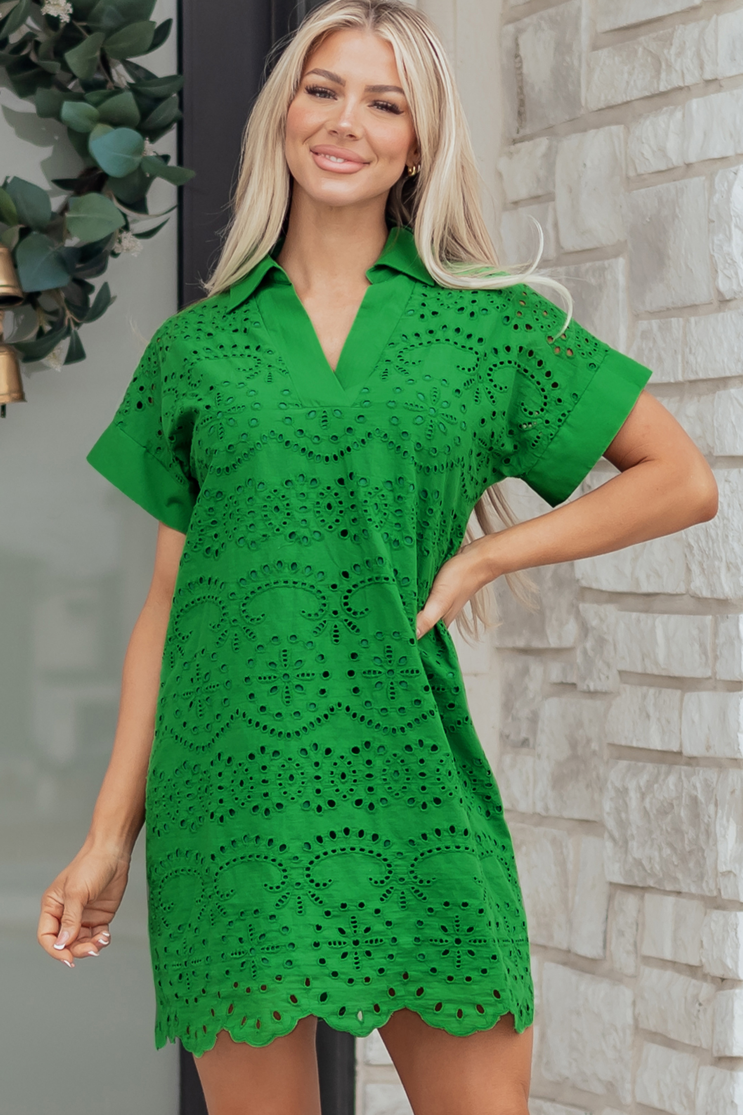 Green Solid Color Eyelet Embroidered T Shirt Mini Dress - loveforevers