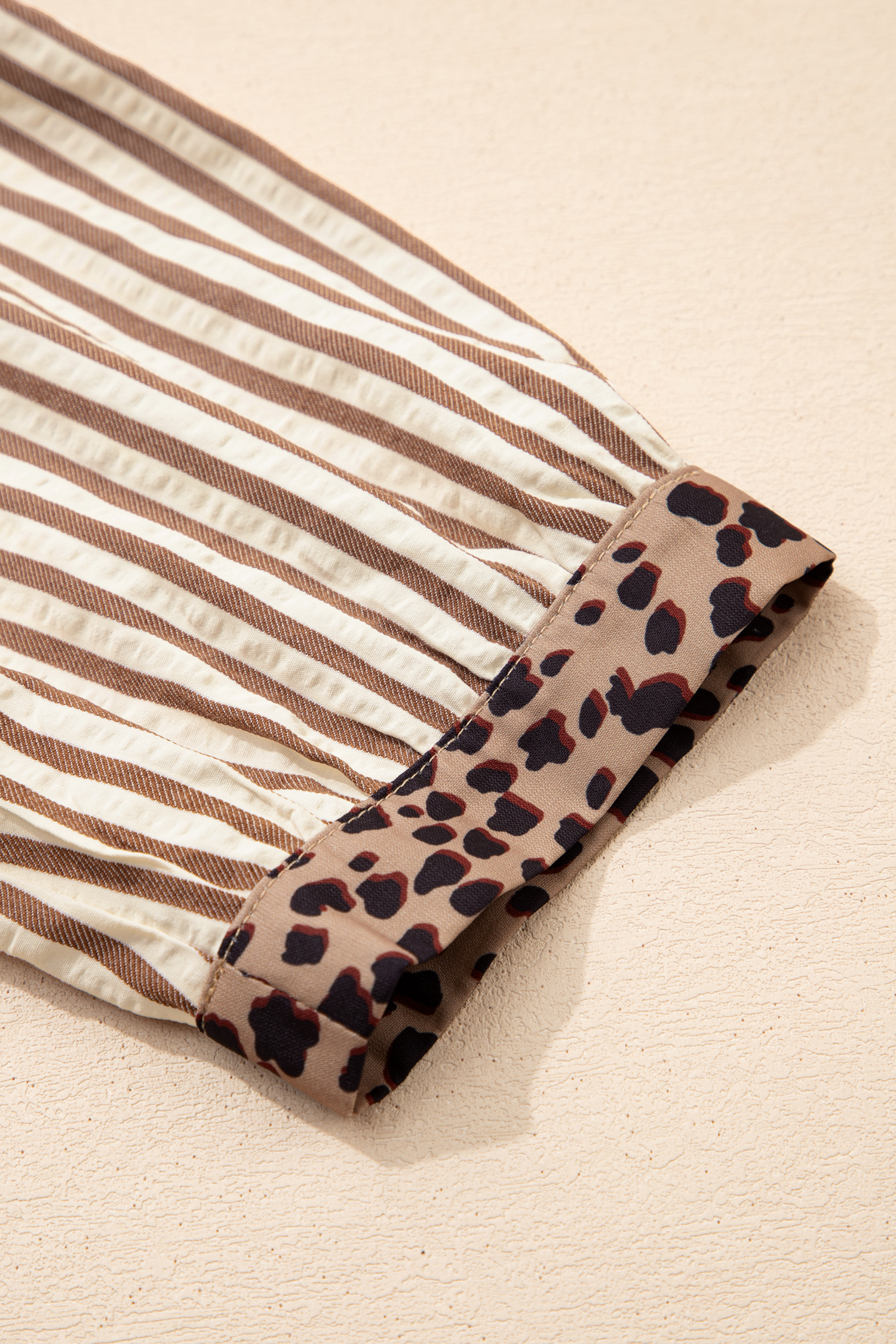 Khaki Stripe Square Button Leopard Trim Loose Bracelet Sleeve Shirt Dress - loveforevers