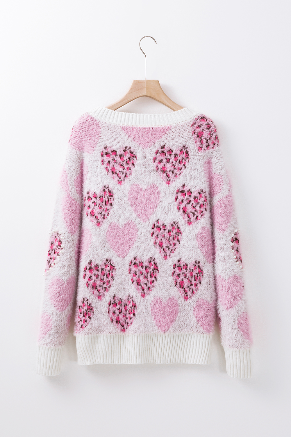 Pink Heart Leopard Print Pearled Ribbed Trim Fuzzy Sweater - loveforevers