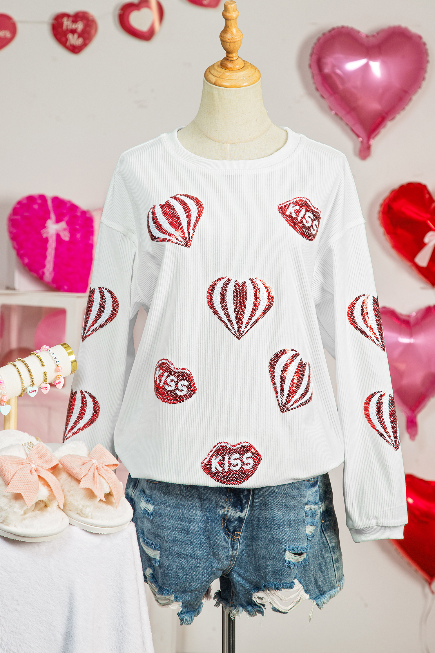White Corded Ribbed Sequin Patched Valentines Day Graphic Sweatshirt - loveforevers