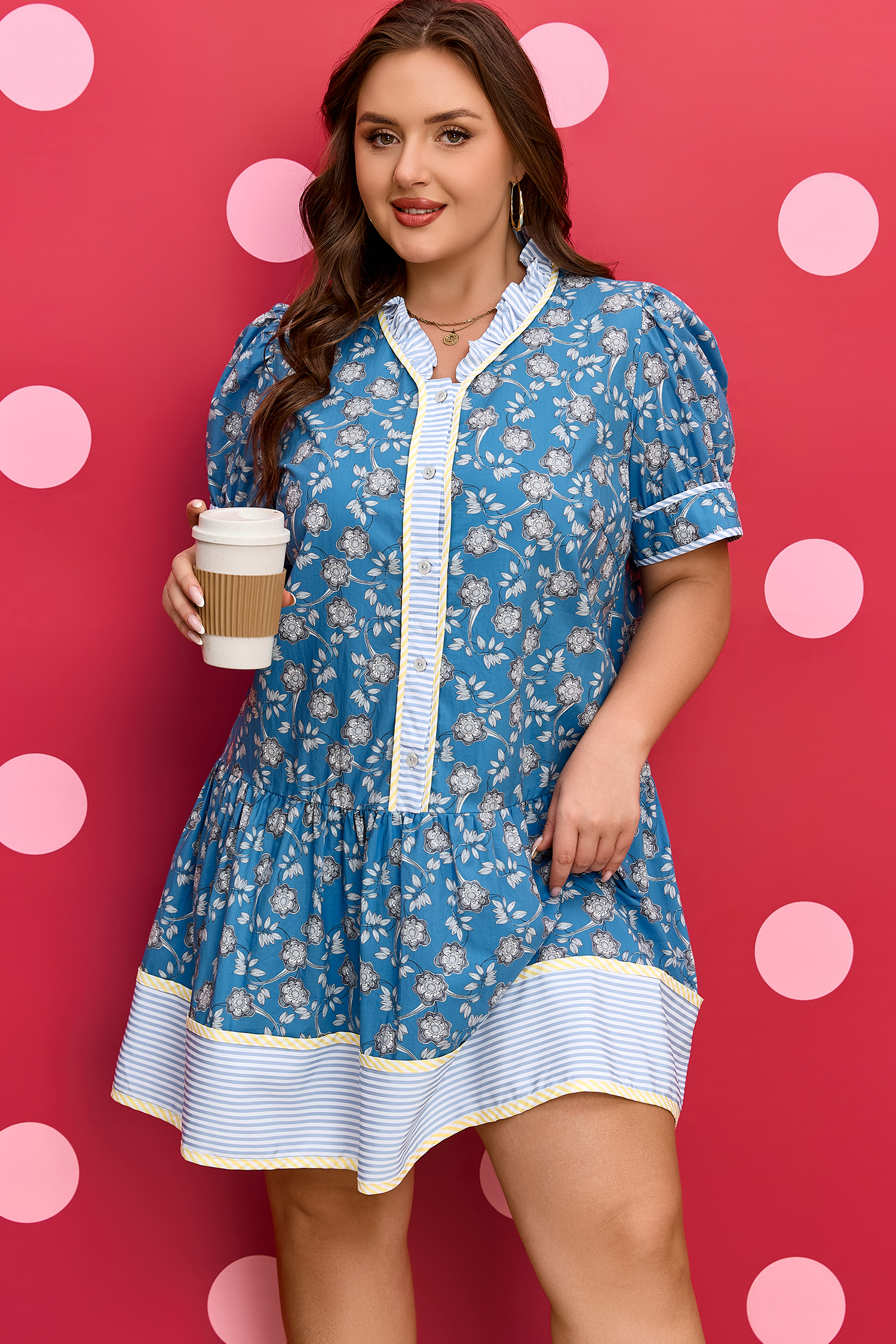 Blue Plus Size Floral Print Striped Patchwork Detail Button Front Ruffle Hem Dress - loveforevers