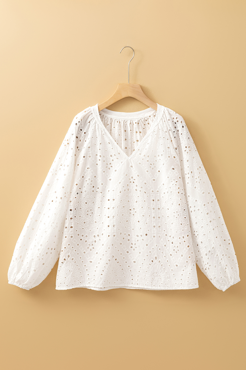 White Eyelet Embroidered Puff Sleeve V Neck Blouse - loveforevers