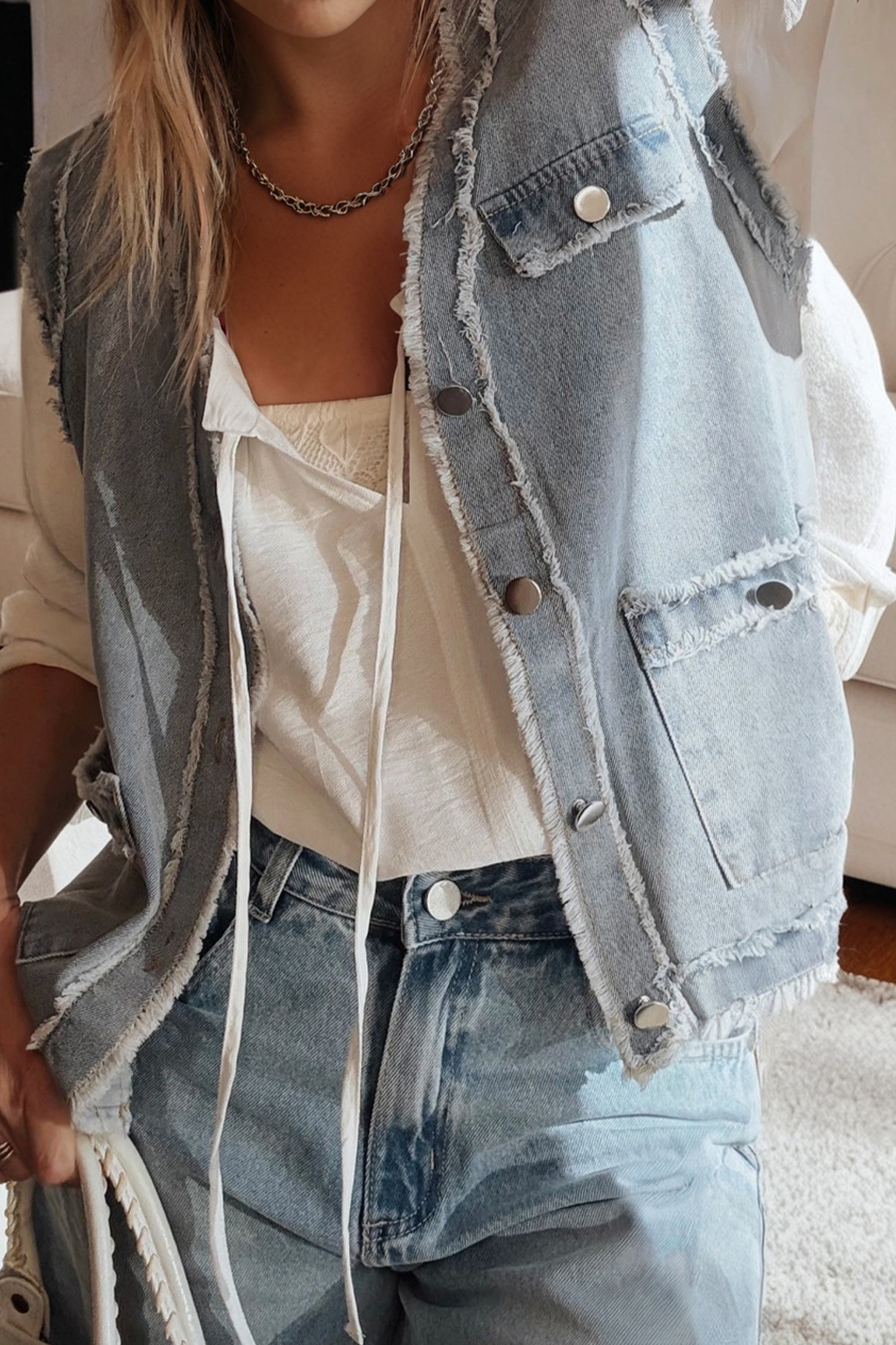 Beau Blue Frayed Edge Flap Pockets Denim Vest Jacket - loveforevers