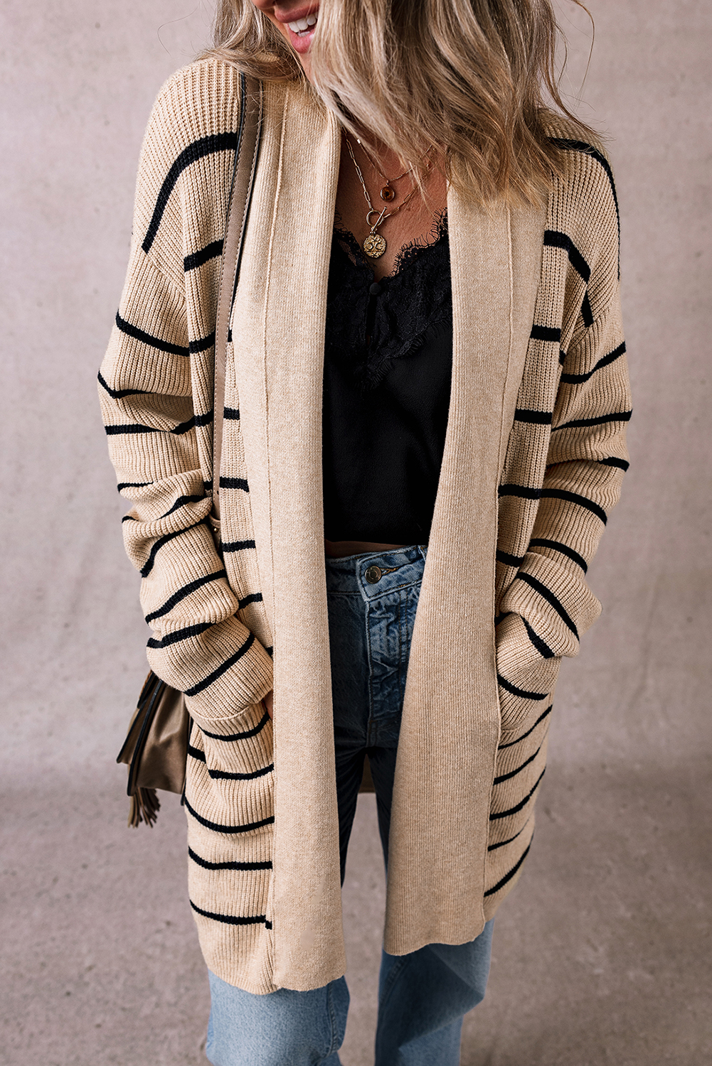 Black Stripe Shawl Neckline Open Cardigan with Pockets - loveforevers