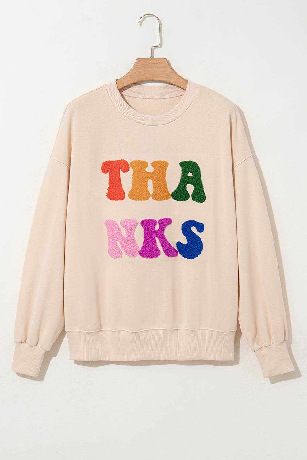 Apricot THANKS Chenille Embroidered Drop Shoulder Graphic Sweatshirt - loveforevers