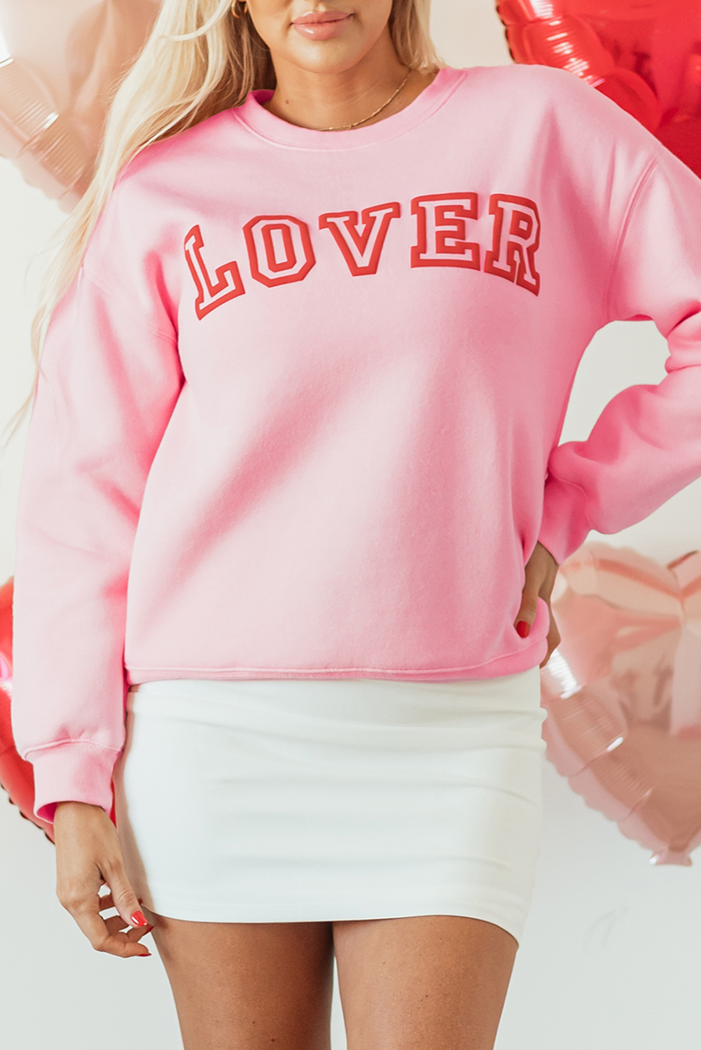 Pink LOVER Puff Print Drop Shoulder Pullover Sweatshirt - loveforevers