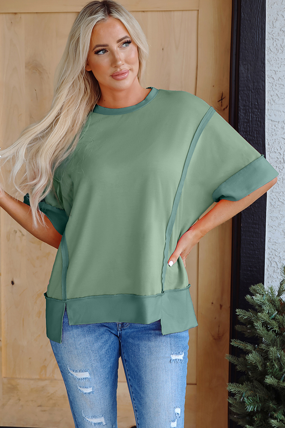 Smoke Green Half Sleeve Raw Seam High Low Side Split Top - loveforevers