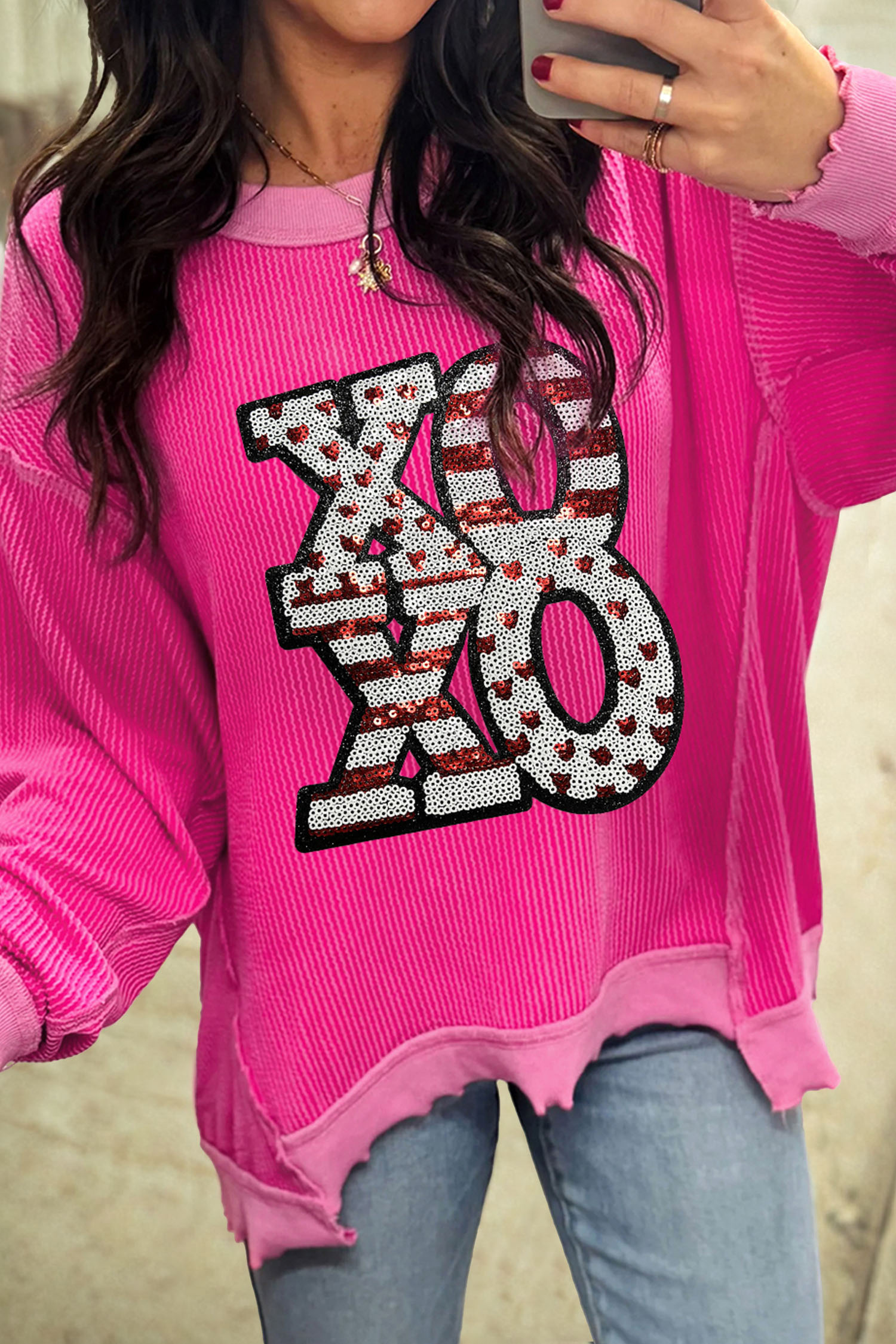 Strawberry Pink Twisted Ribbed Color Block Patchwork Sequin XOXO Letter Graphic Pullover Top - loveforevers