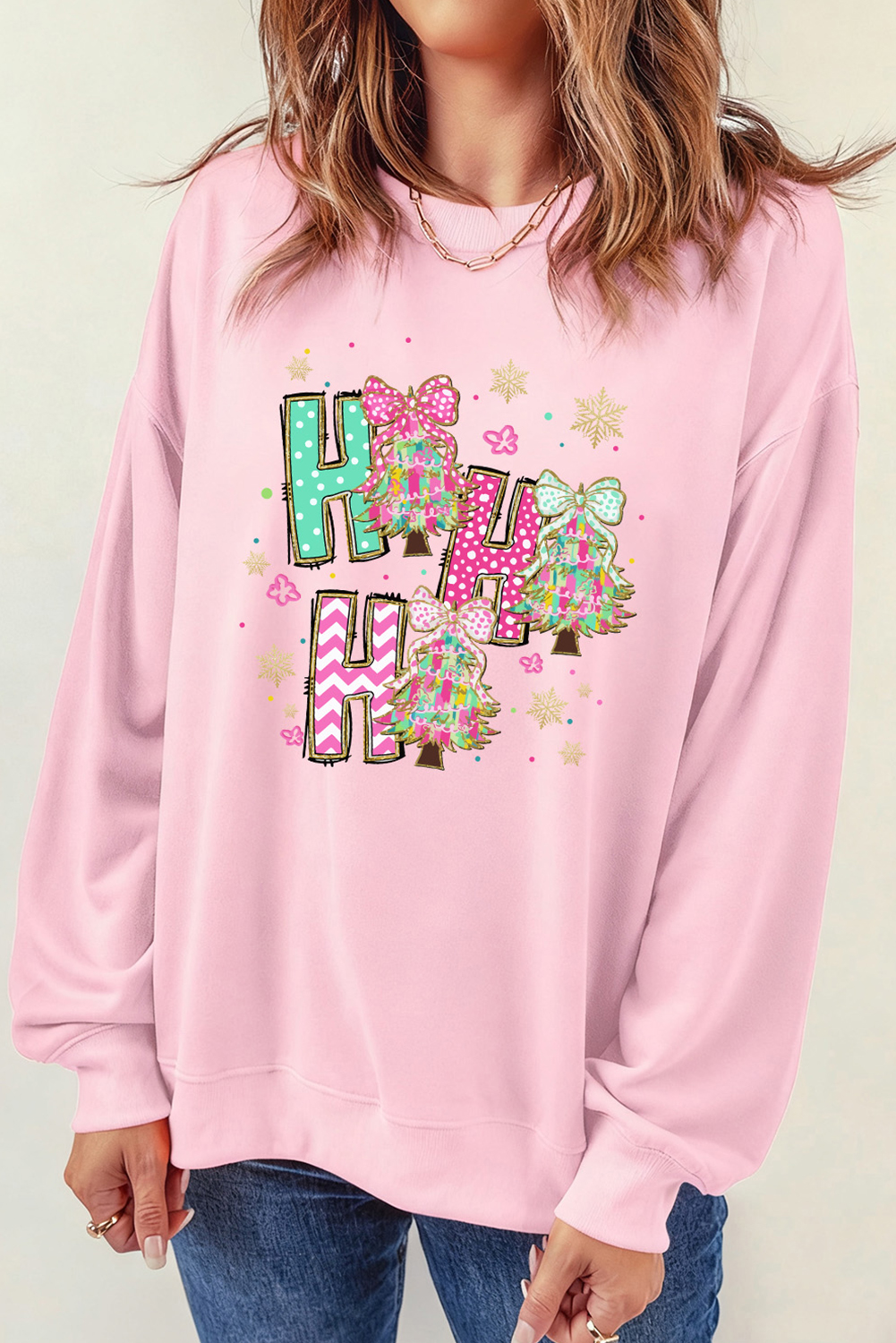 Pink HO HO HO Christmas Tree Graphic Pullover Sweatshirt - loveforevers