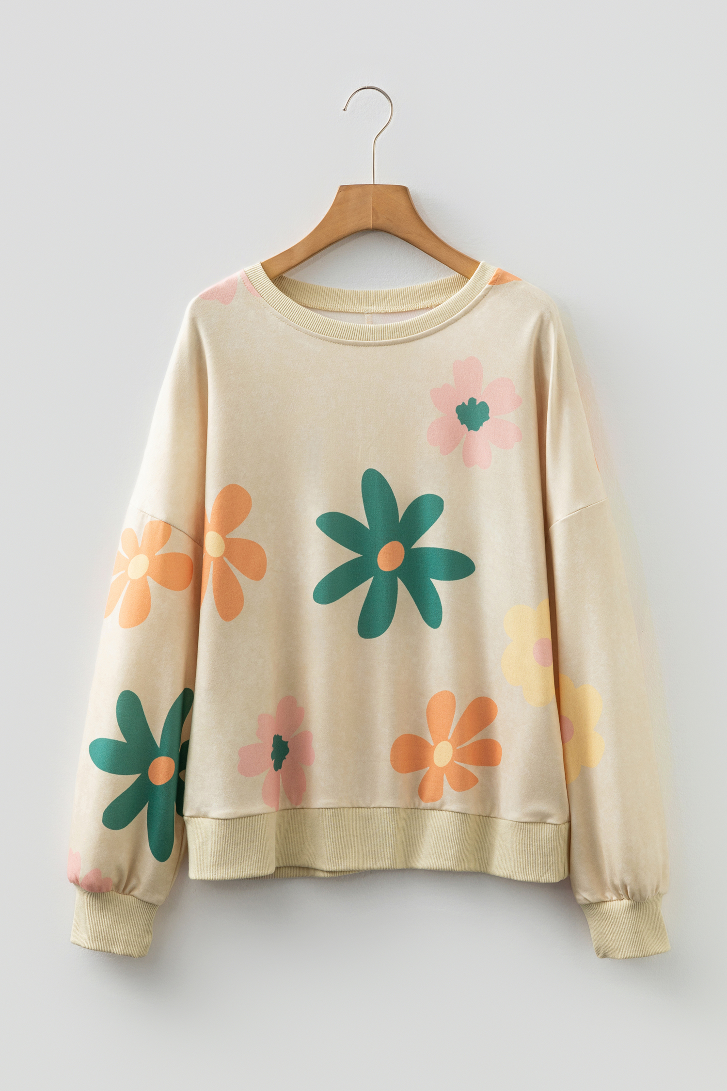 Khaki Mineral Washed French Terry Flower Print Sweatshirt - loveforevers