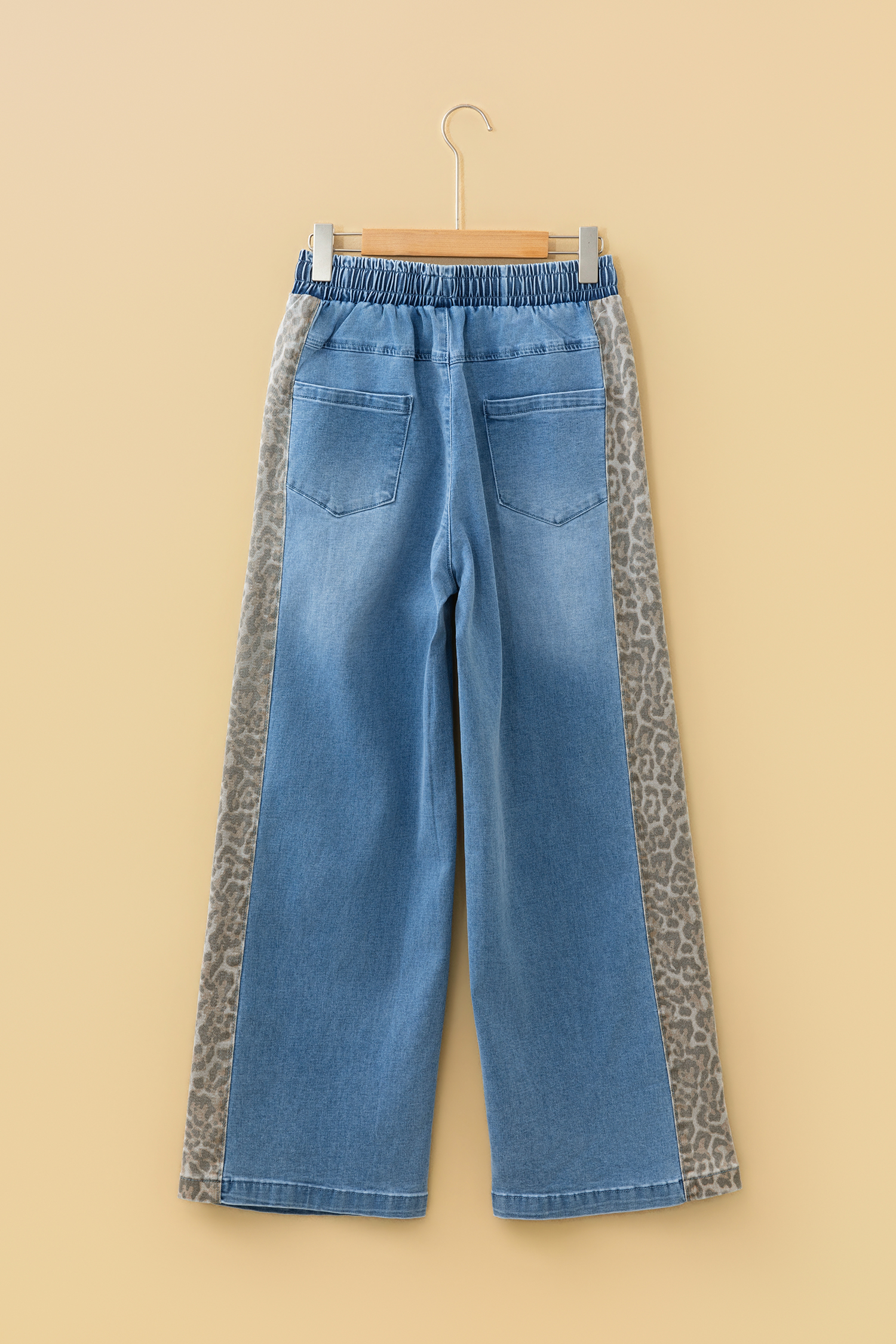 Beau Blue Drawstring Elastic Waist Leopard Striped Side Panel Wide Leg Jeans - loveforevers