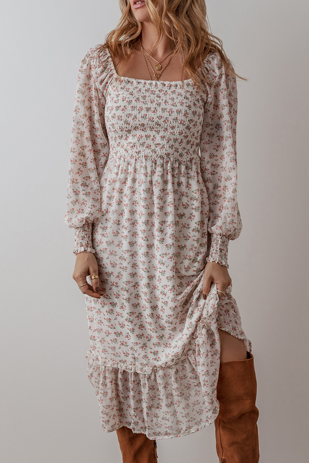 White Floral Print Shirred Ruffled Hem Square Neck Midi Dress - loveforevers