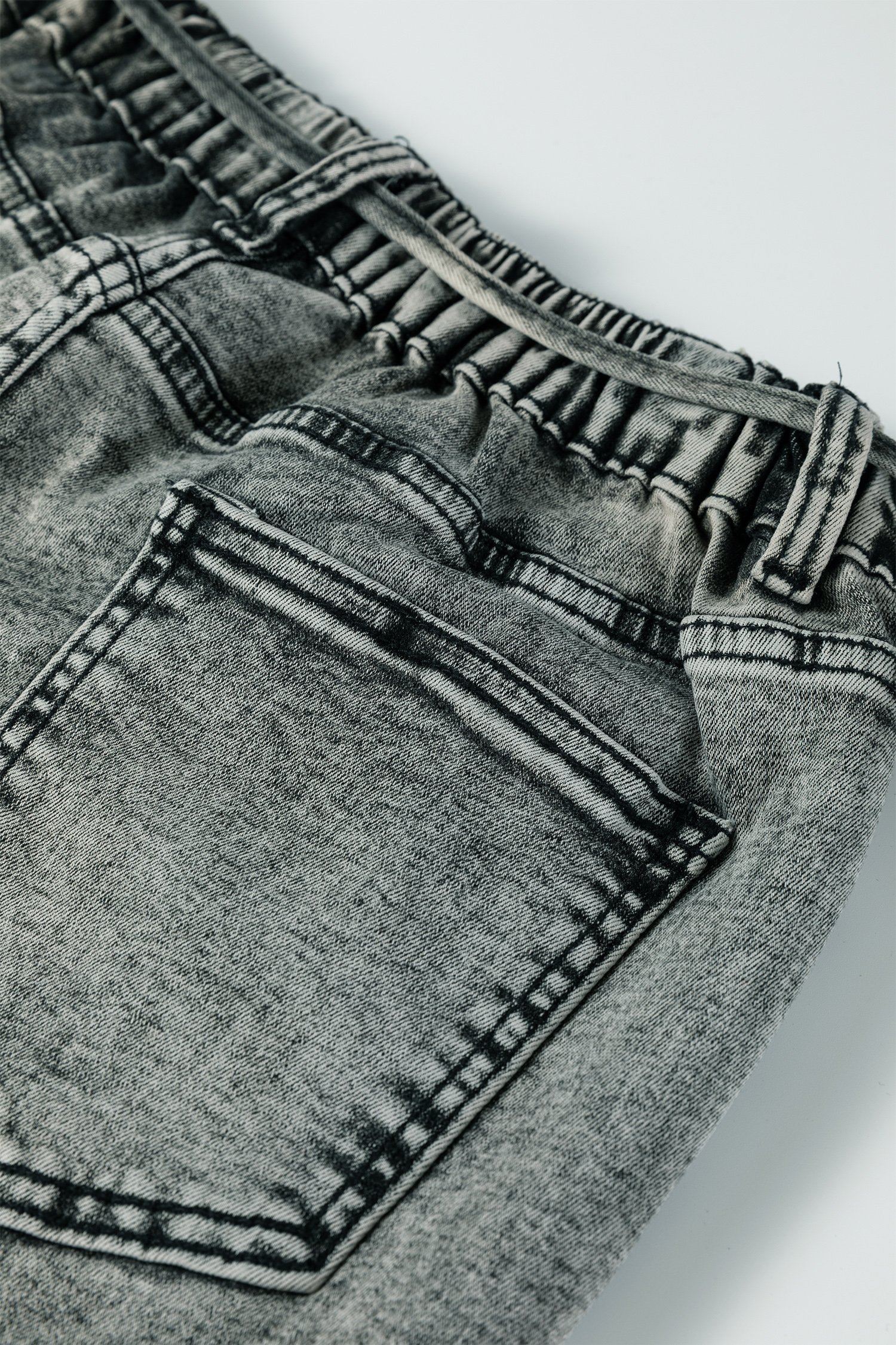 Smoke Gray Acid Wash Barrel Fit Denim Pants with Waist String - loveforevers