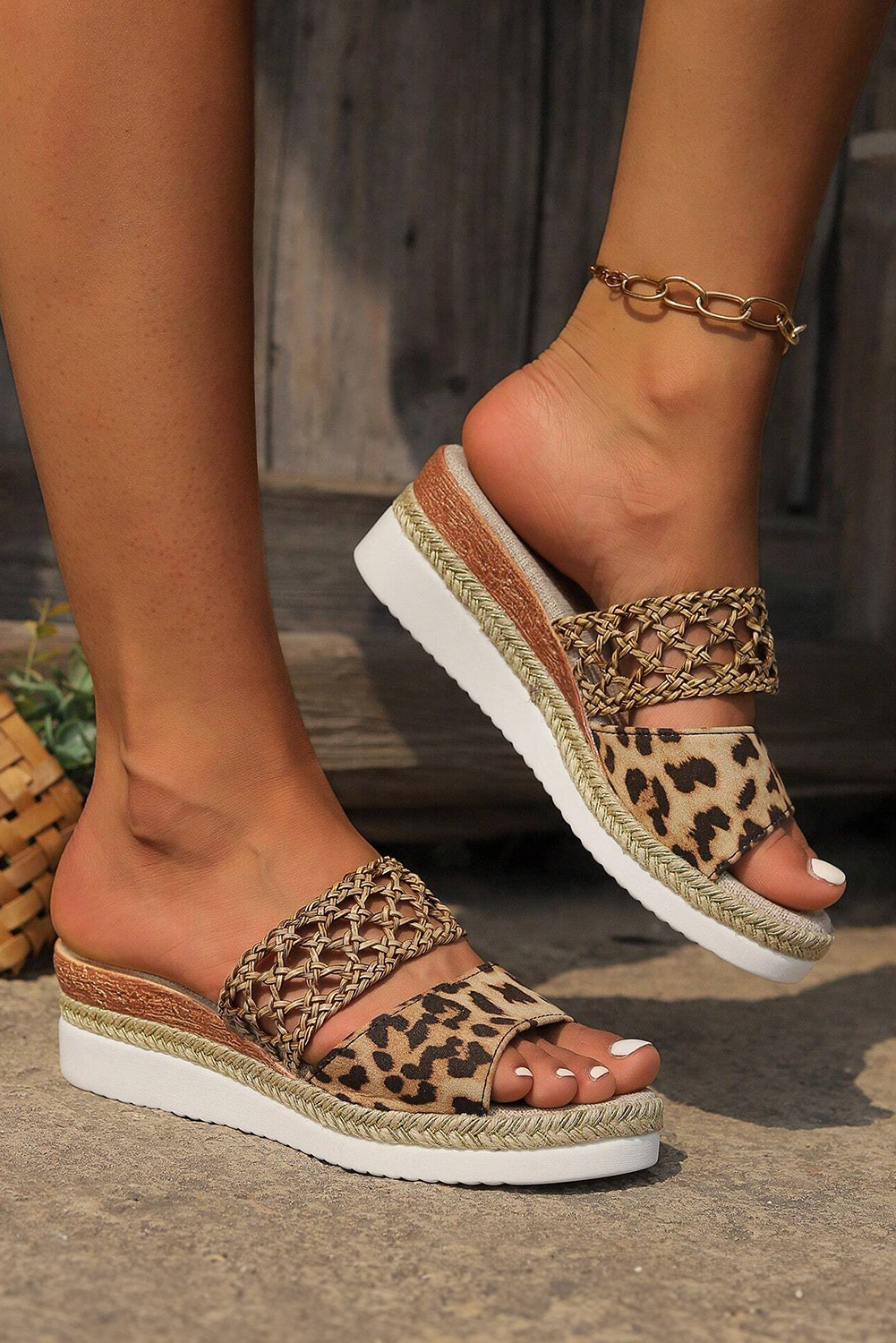 Chestnut Leopard Print Braided Details Wedge Slippers - loveforevers