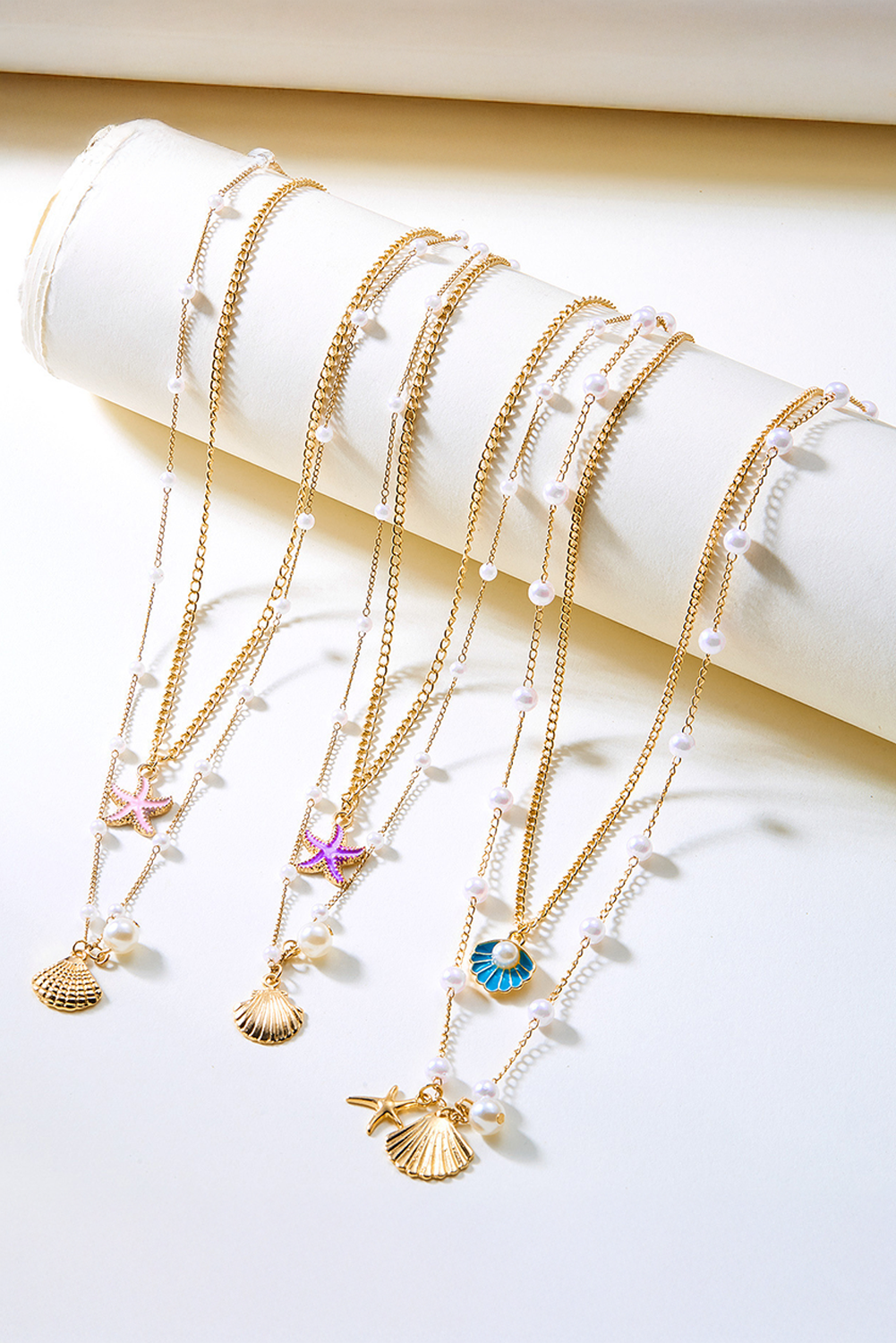 Gold Shell Starfish Pearl Plated Alloy Double Layer Necklace - loveforevers