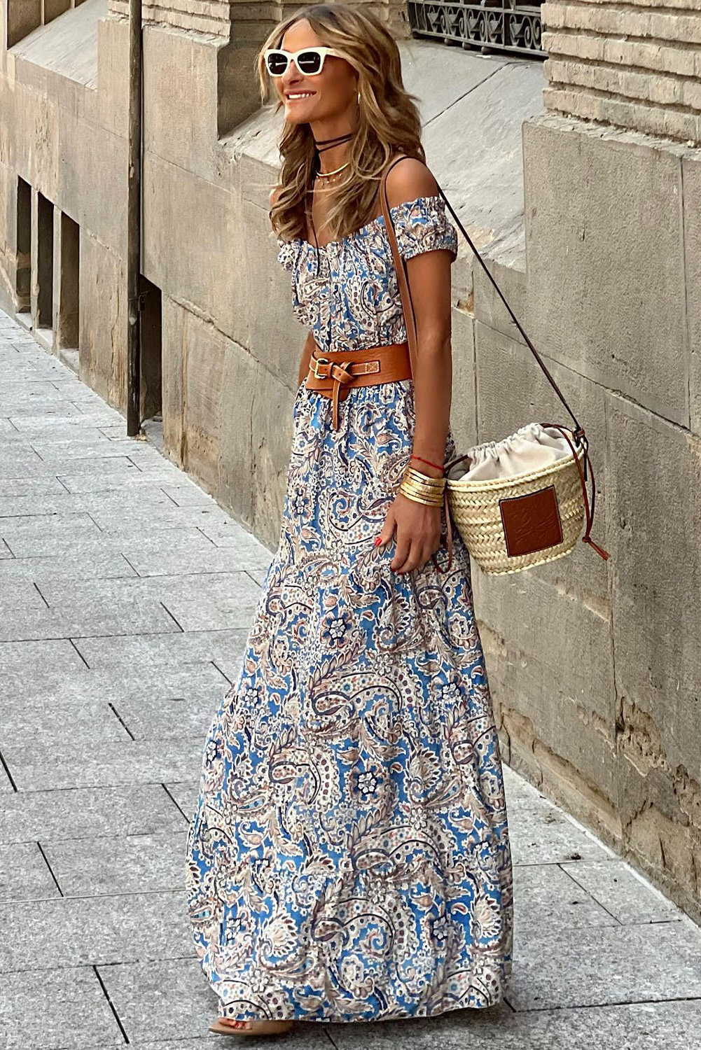Blue Boho Paisley Print Off Shoulder Maxi Dress - loveforevers