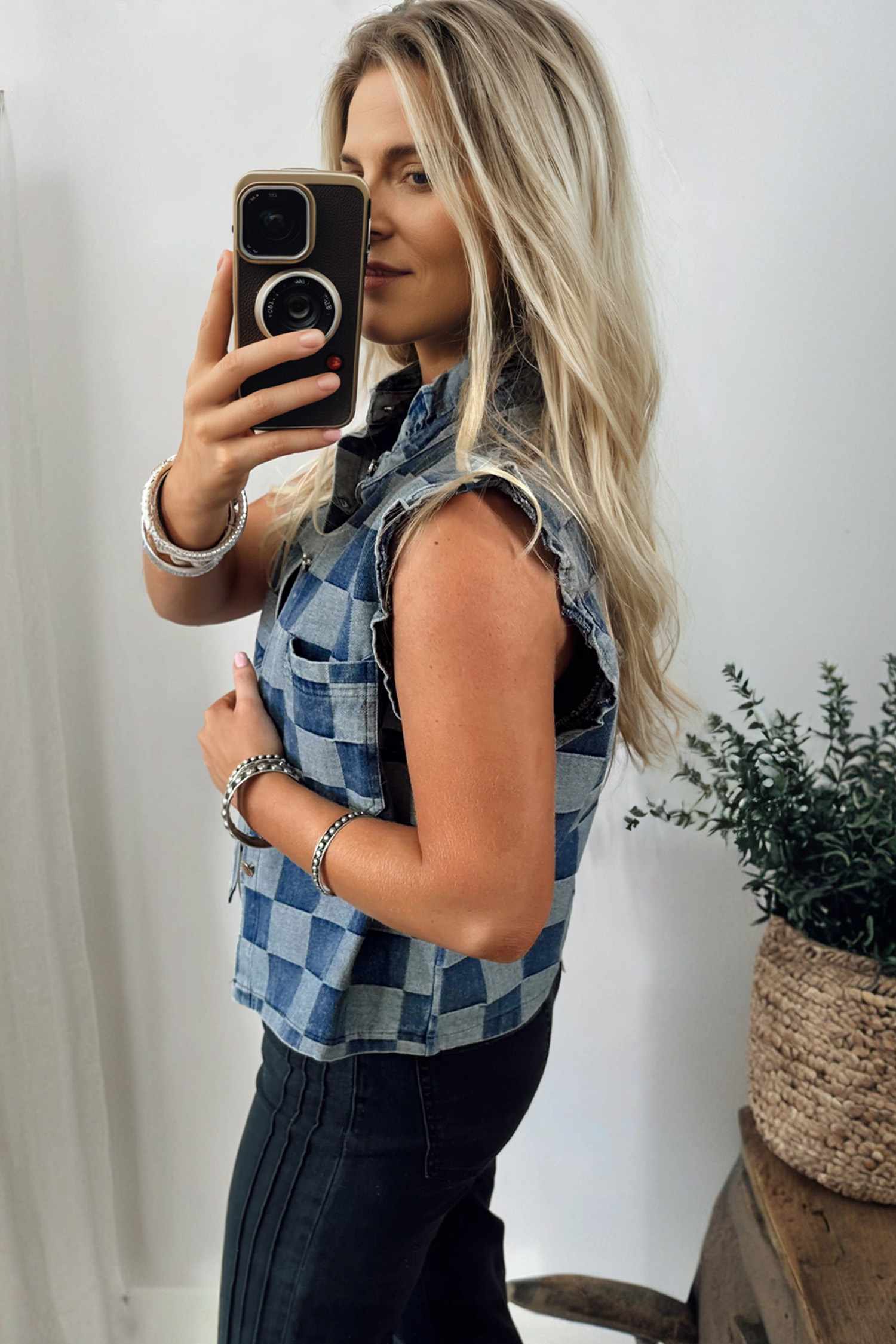 Beau Blue Checkered Ruffle Trim Button Down Denim Vest - loveforevers