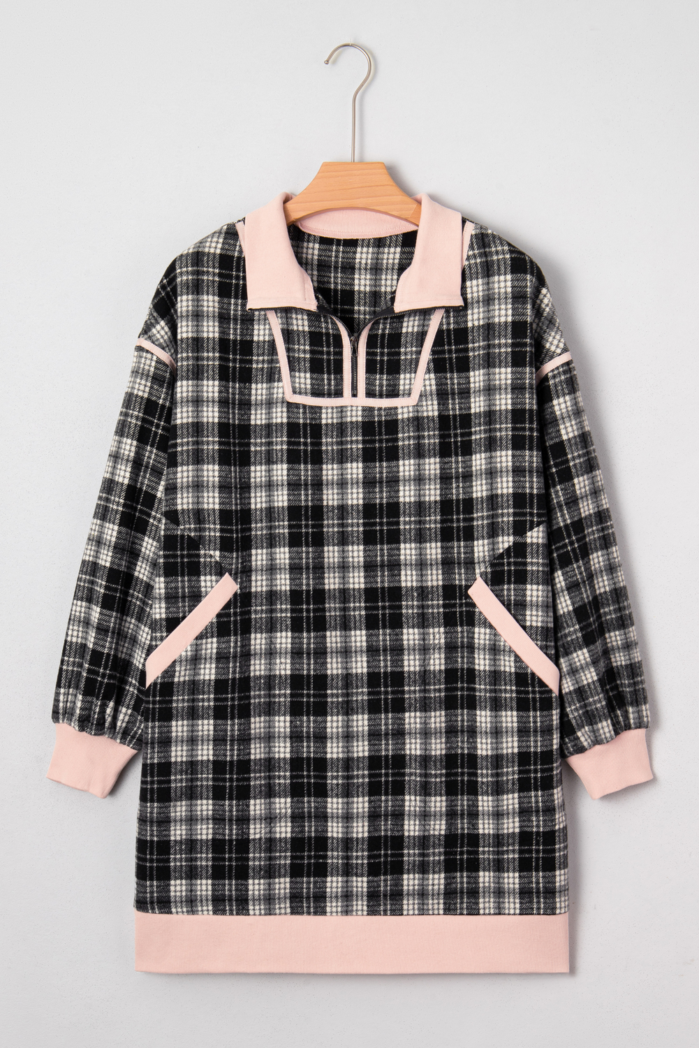 Black Plaid Polo Collar Zip up Contrast Trim Shift Long Sleeve Mini Dress - loveforevers