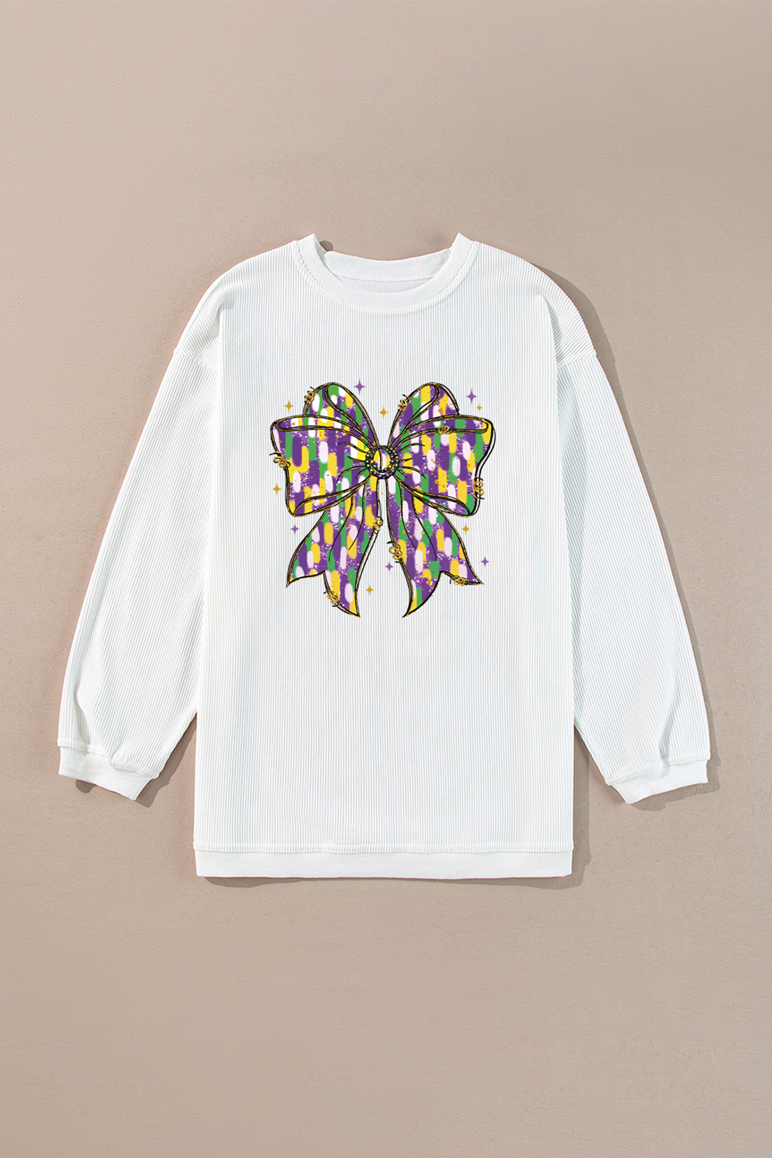 White Mardi Cheerful Bow Printed Corded Ribbed Sweatshirt - loveforevers