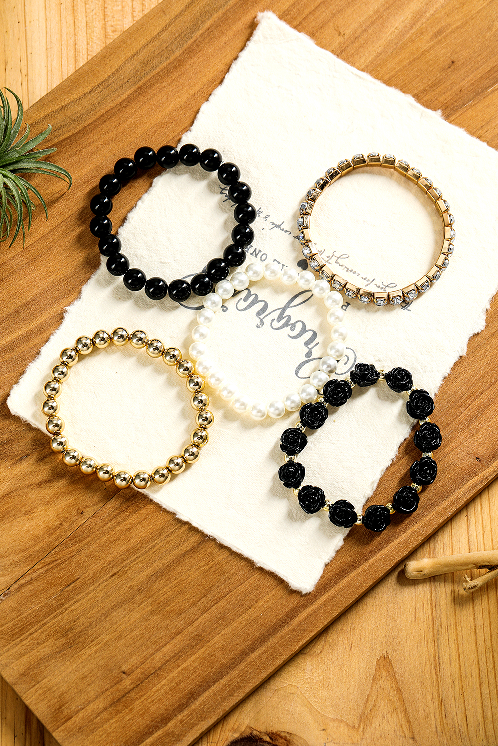 Black Flower Rhinestone Beaded Multi Layer Bracelet Set - loveforevers