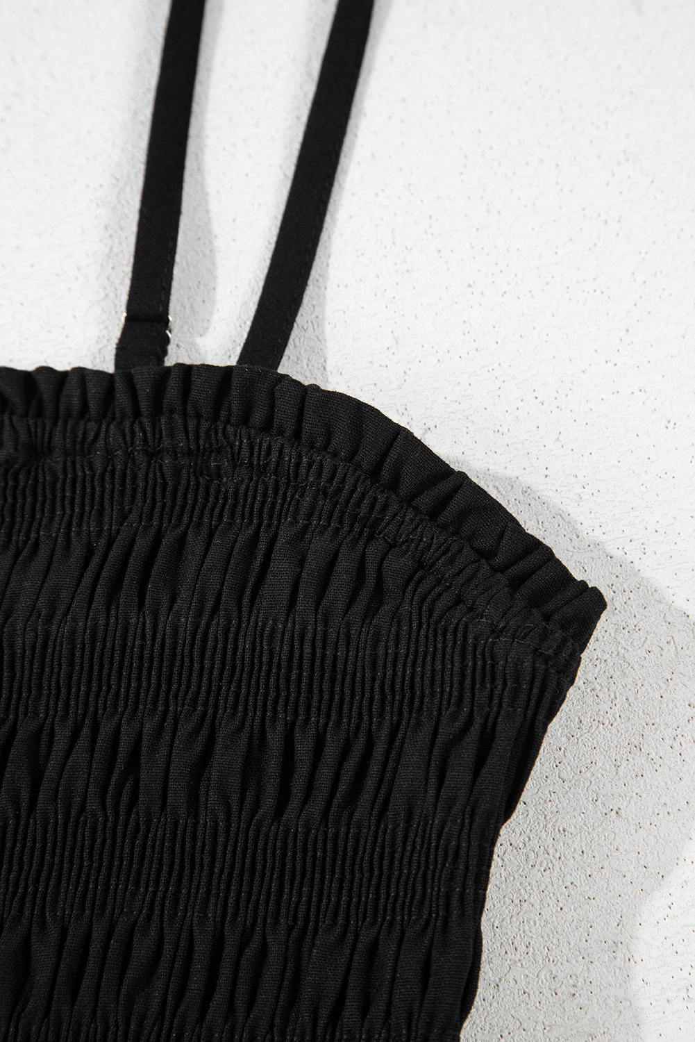 Black Spaghetti Straps Shirred Bodice Pocketed Wide Leg Jumpsuit - loveforevers