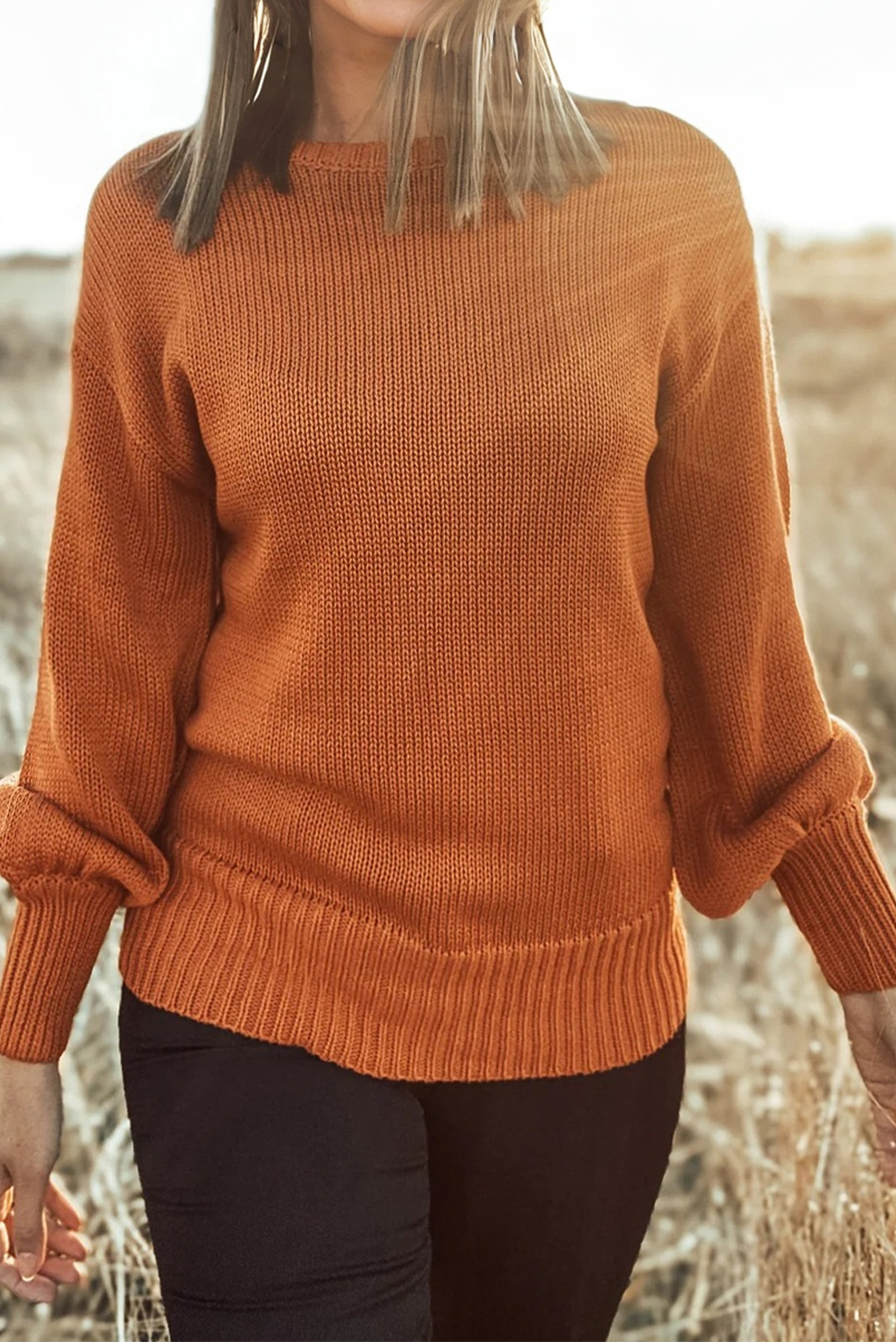 Gold Flame Solid Color Ribbed Trim Drop Shoulder Sweater - loveforevers