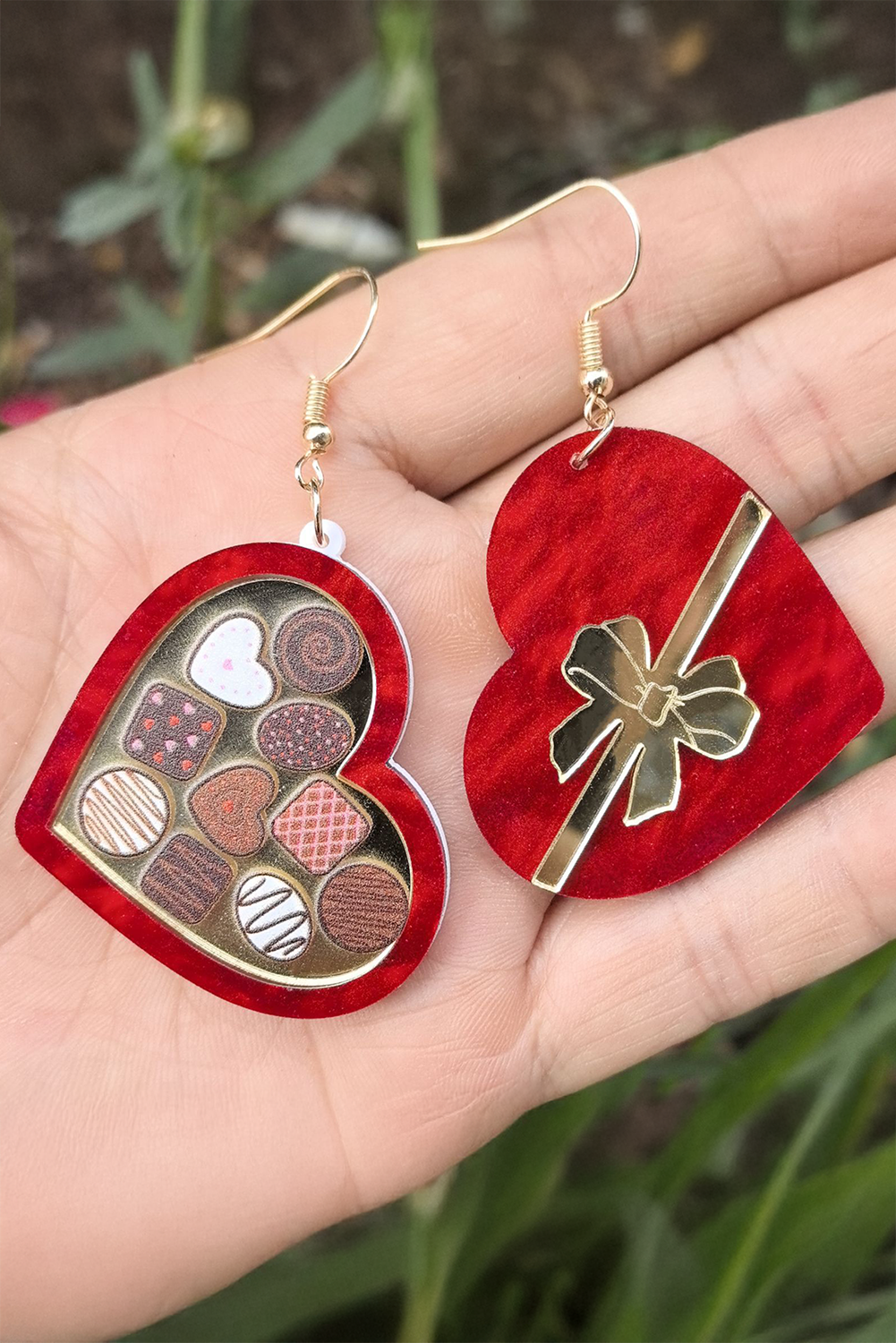 Fiery Red Box of Chocolate Heart Shape Dangle Earrings - loveforevers