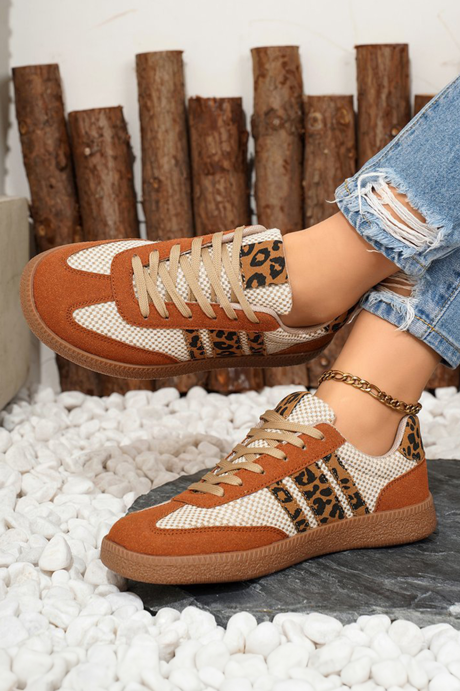 Buckskin Checkered Leopard Color Block Patchwork Lace Up Sneakers - loveforevers
