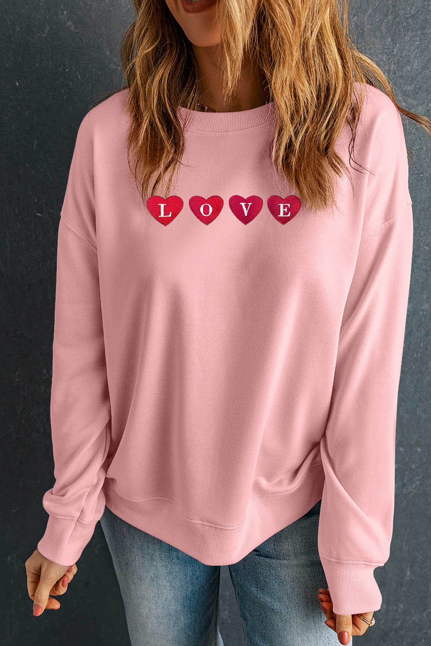 Pink LOVE In Hearts Embroidered Graphic Sweatshirt - loveforevers