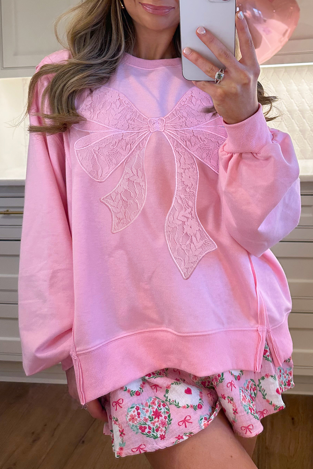 Bonbon Lace Insert Bow Embroidered Exposed Seam Sweatshirt - loveforevers