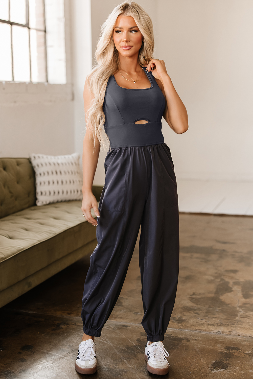Carbon Grey Back Crossed Straps Hollow Out Jogger Jumpsuit - loveforevers