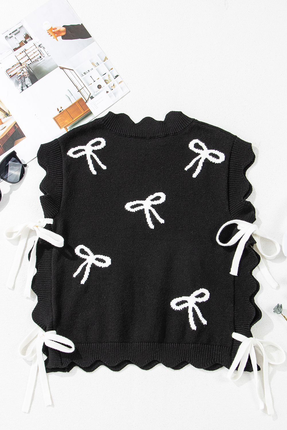 Black Bow Print Side Ties Scalloped Hem Sweater T Shirt - loveforevers