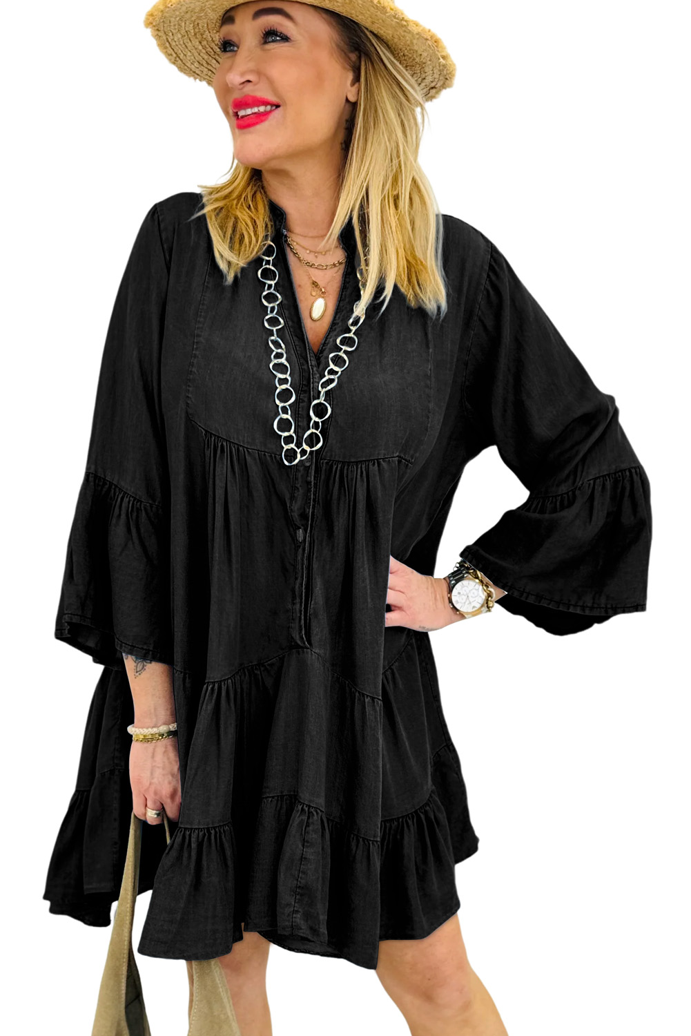 Sky Blue Chambray Ruffled 3/4 Sleeve Tiered Split V Neck Mini Dress - loveforevers
