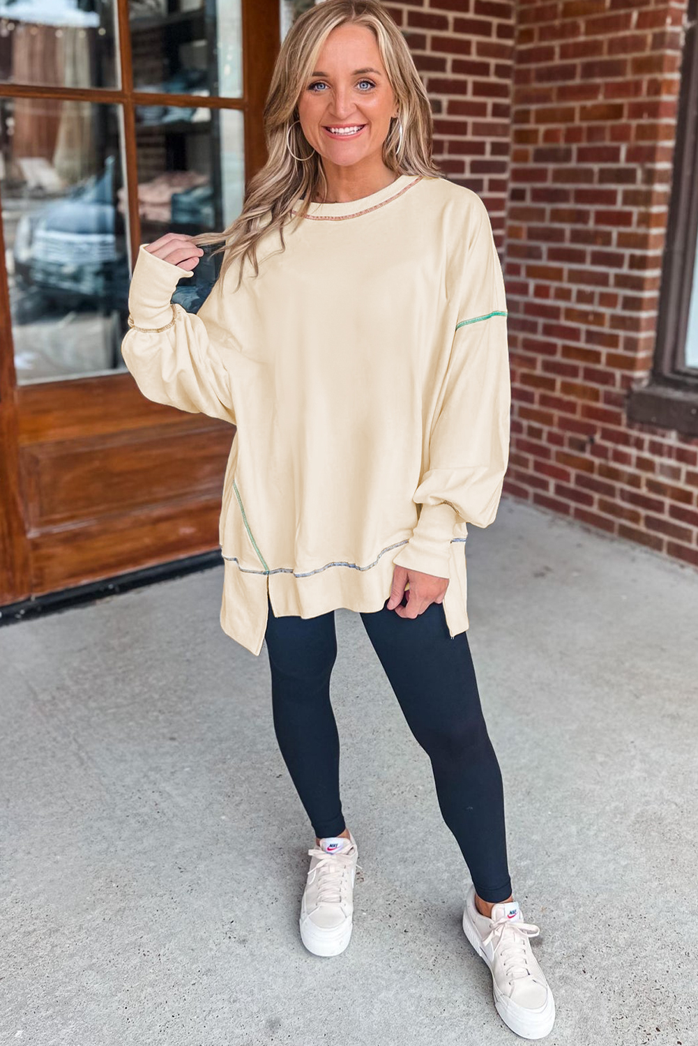 Contrast Stitching Split Baggy Sweatshirt - loveforevers